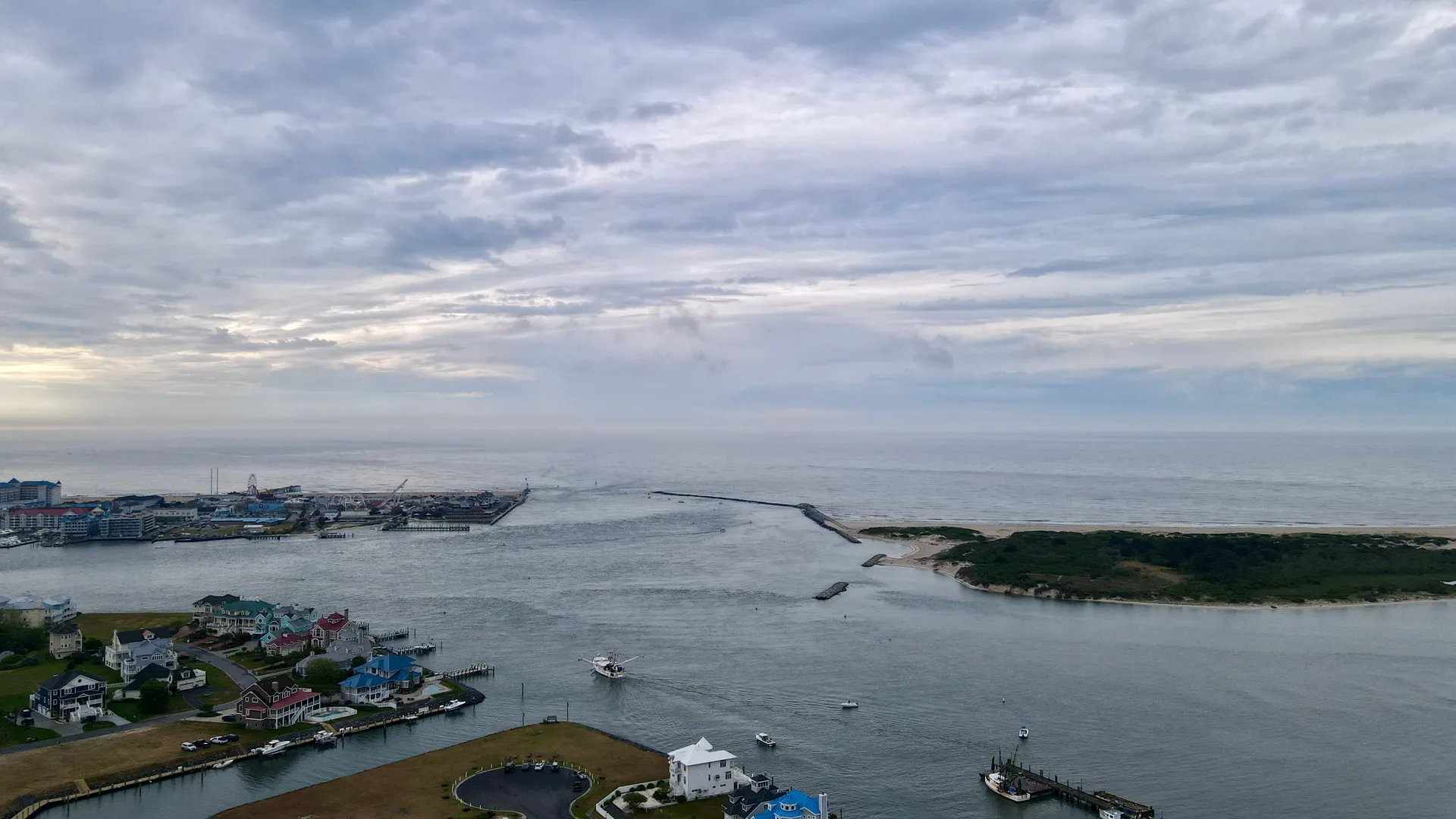 Ocean City Inlet and Atlantic shoreline in Ocean, Maryland.