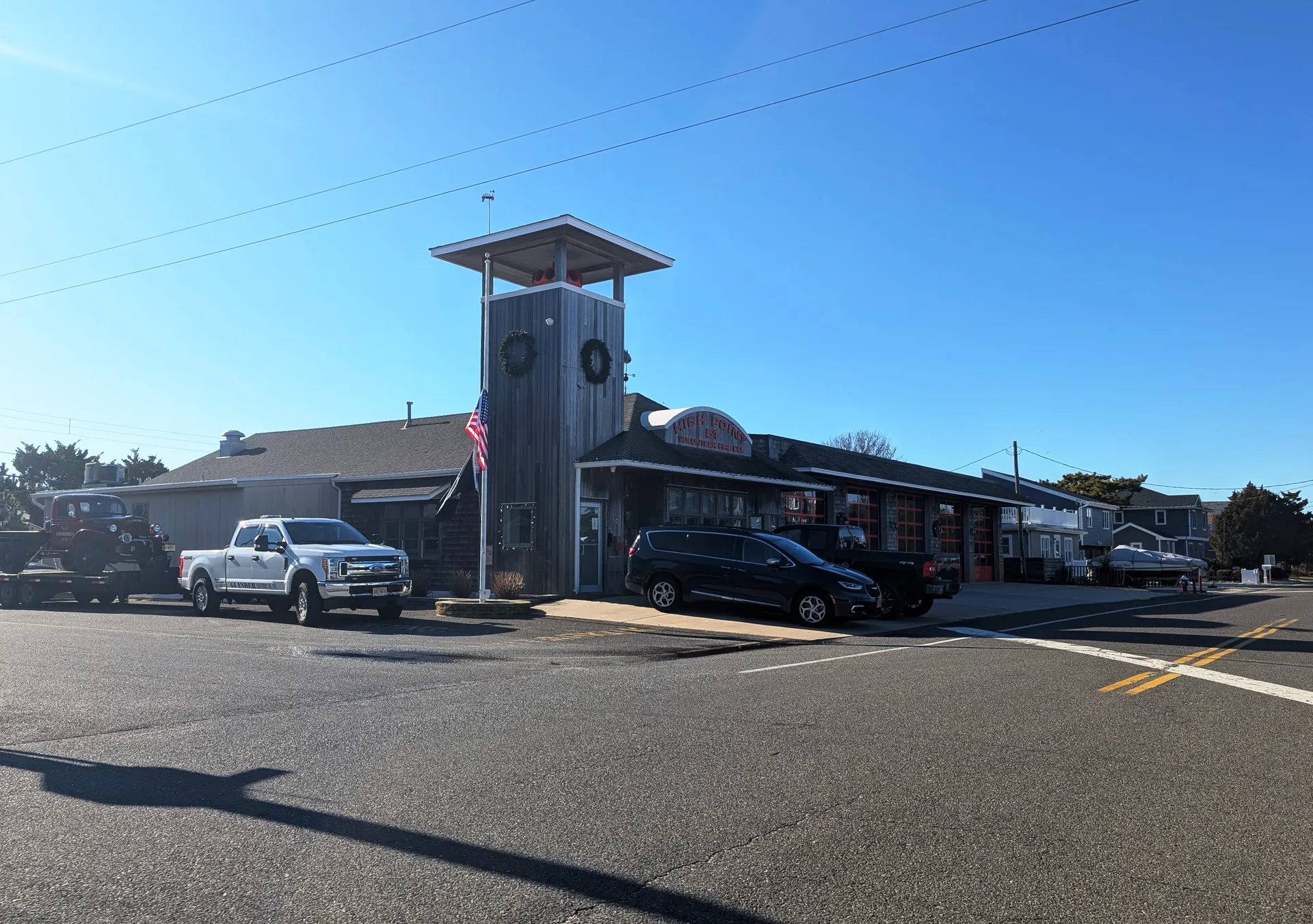 The High Point Volunteer Fire Company in Harvey Cedars has a tall wooden lookout tower beside its station.