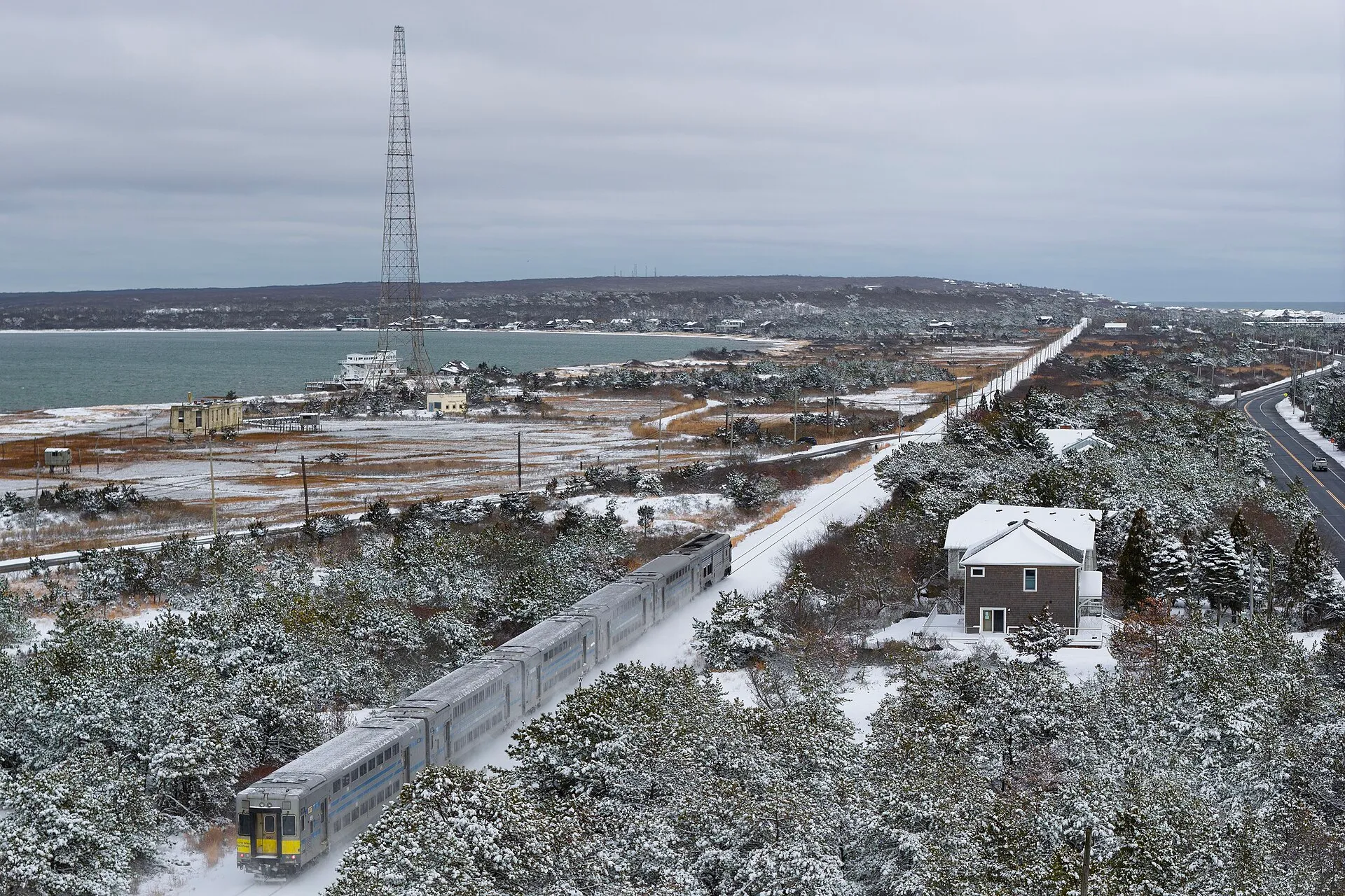Aerial view of the Napeague dunes and bay in winter, New York.