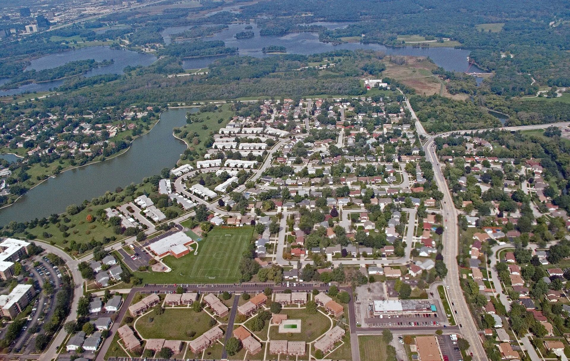 Aerial view of approach to O'Hare from the west. Elk Grove Village, IL.