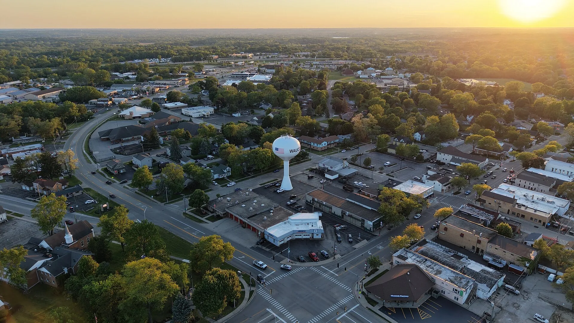 Wauconda Illinois downtown aerial view. Wauconda, IL.