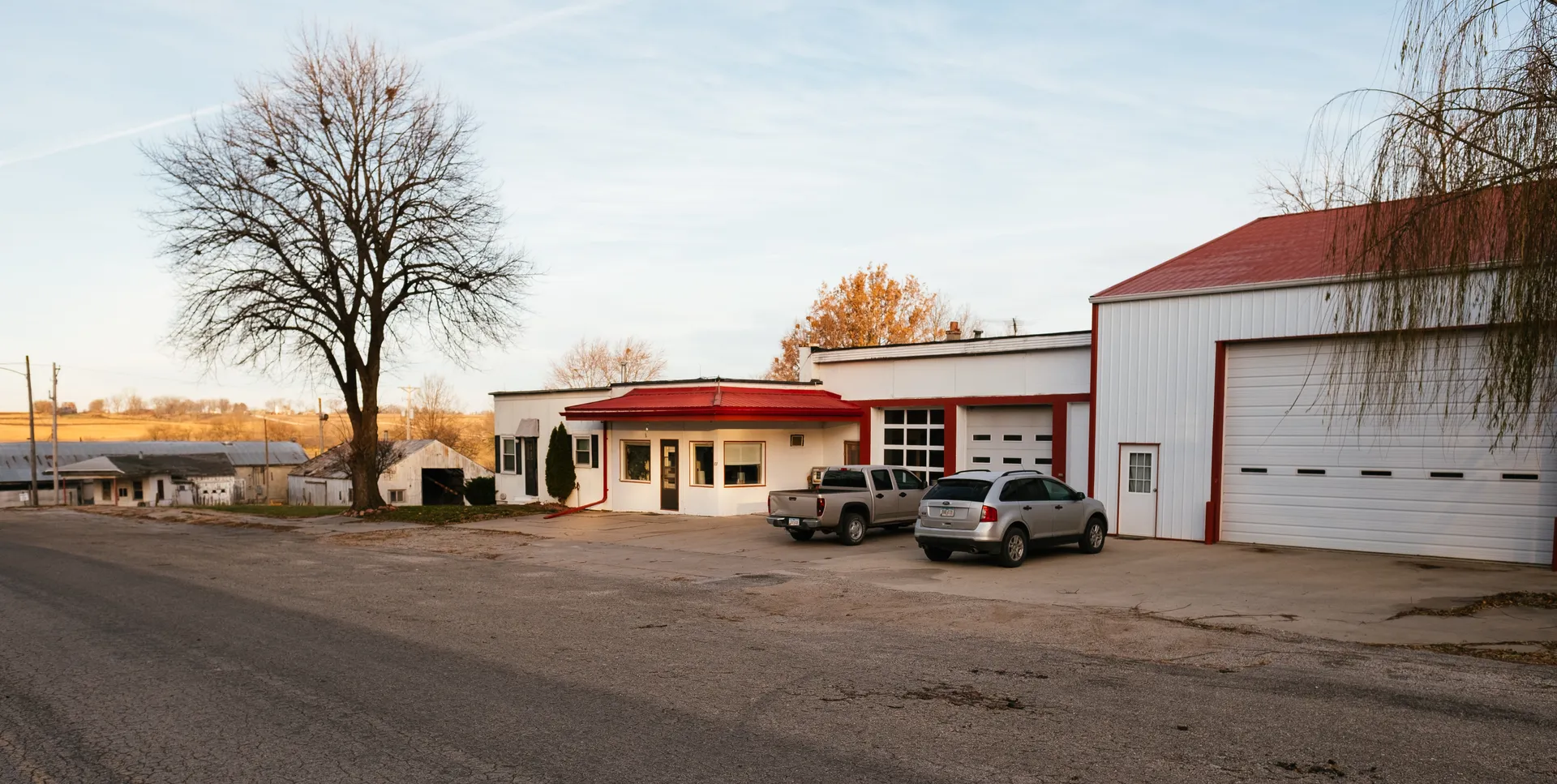 Small-town buildings along a street in Northboro, Iowa.