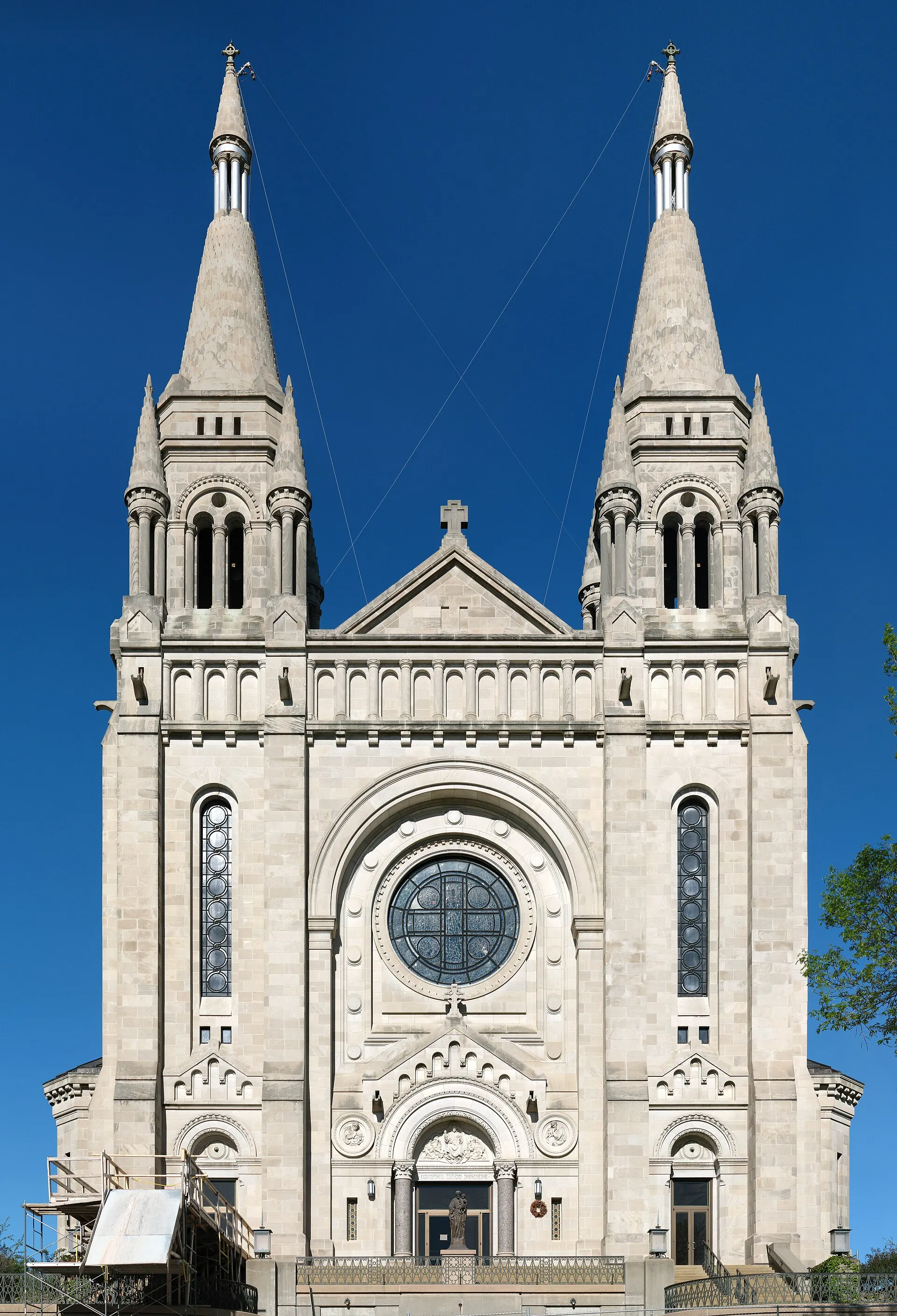 Front facade and twin spires of the Cathedral of Saint Joseph in Sioux Falls, photographed May 1, 2010 during renovation work.