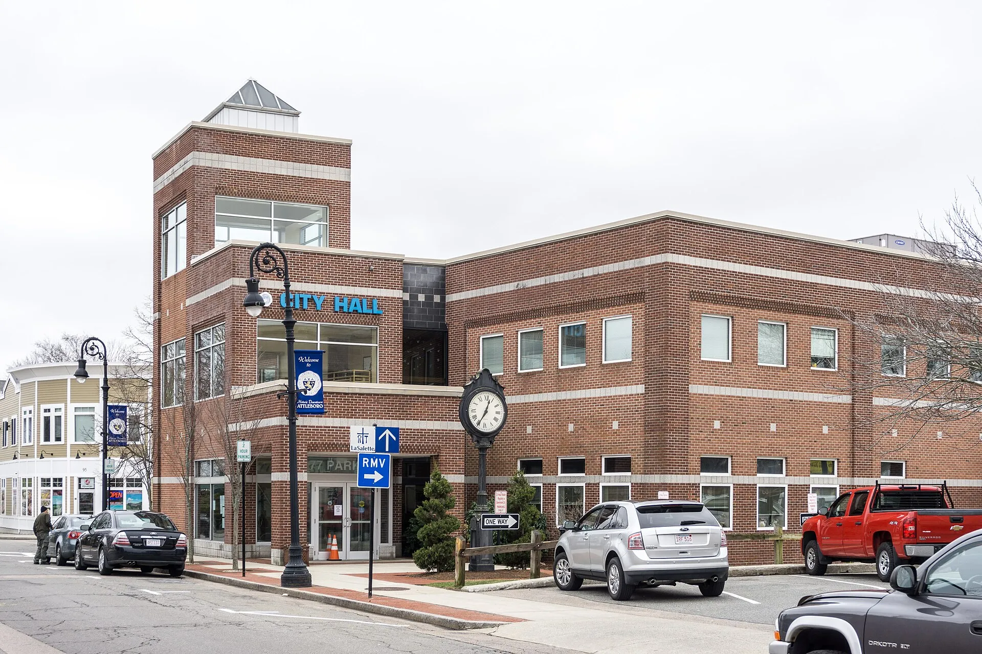 Attleboro, MA — Attleboro City Hall and surrounding downtown streetscape. Source geography and supported license checked.