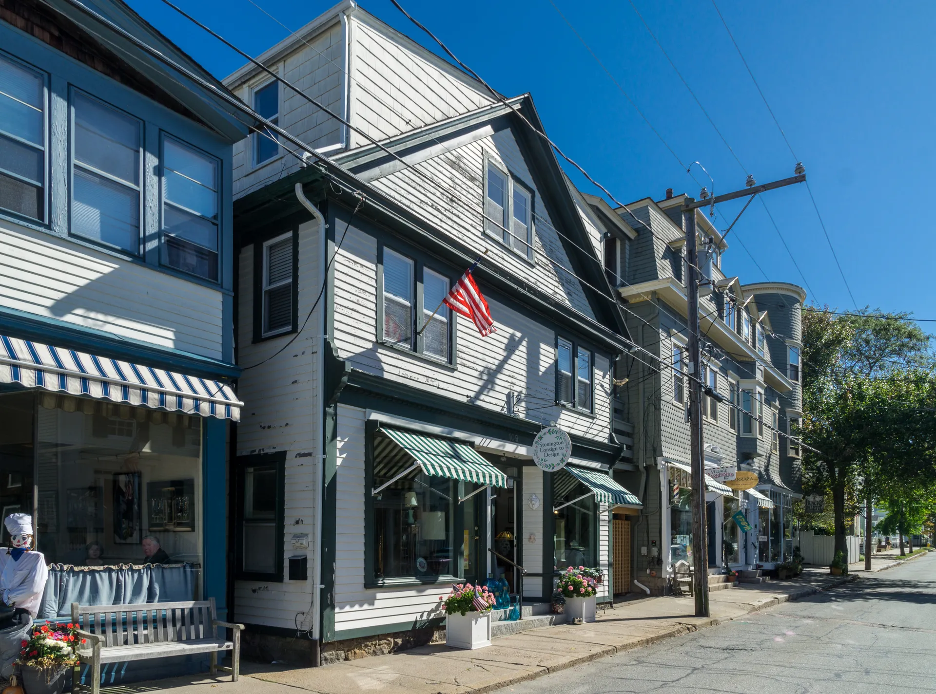 Shops in historic Stonington, Connecticut.