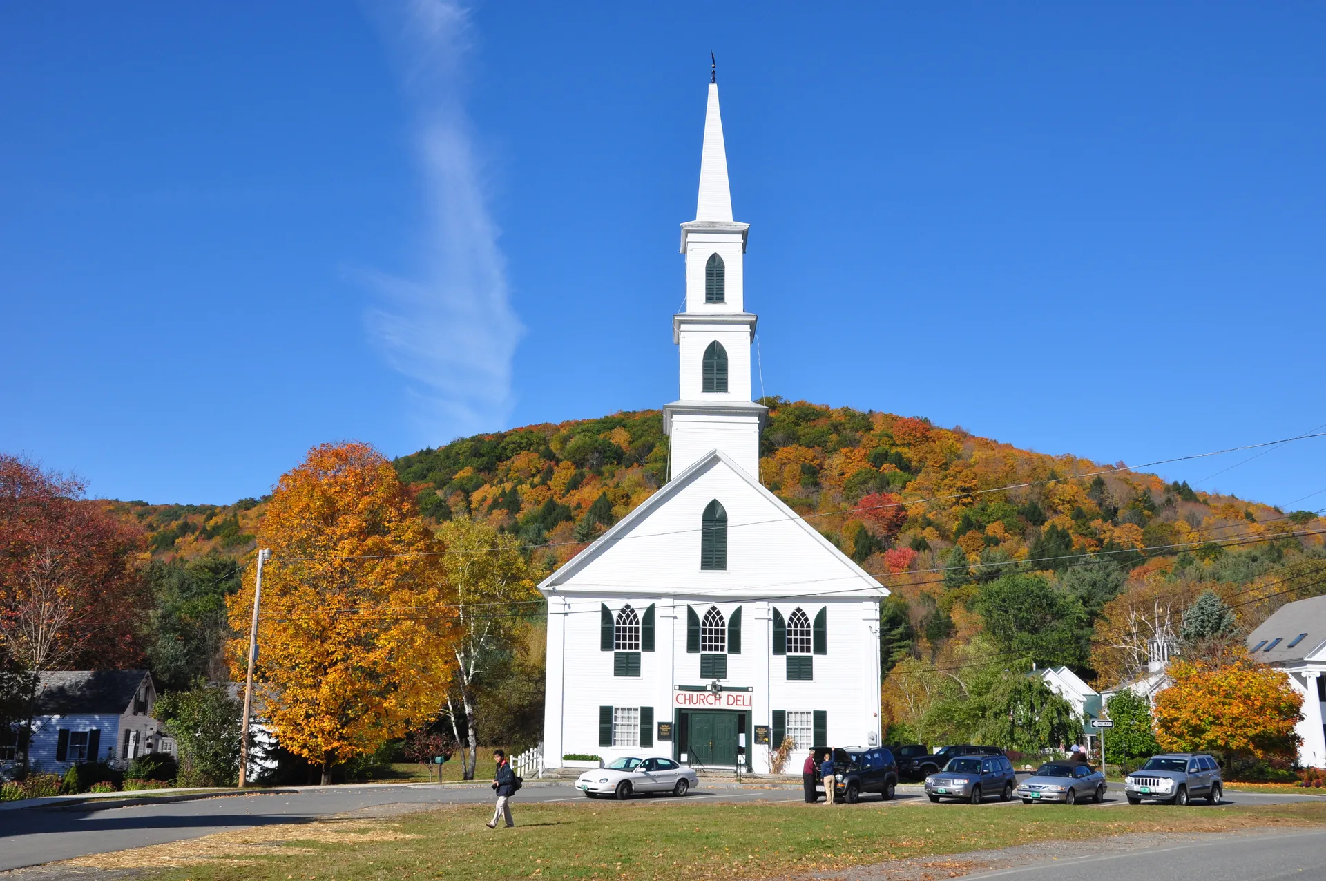 White church and fall foliage in Newfane, Vermont.