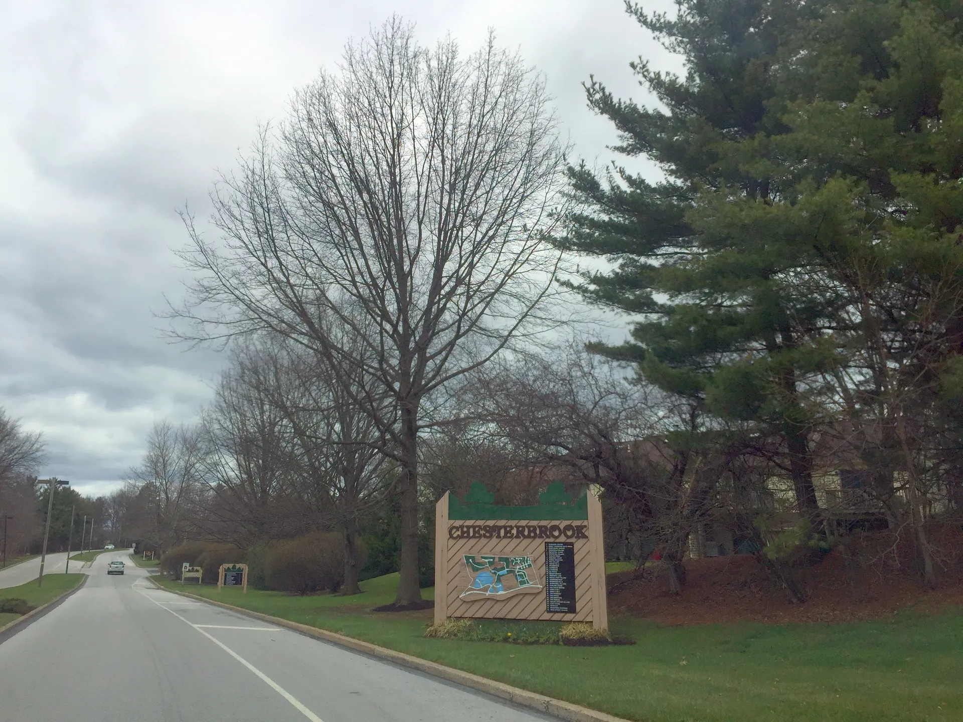 A carved wooden Chesterbrook community sign stands among landscaped plantings and mature trees beside the road.