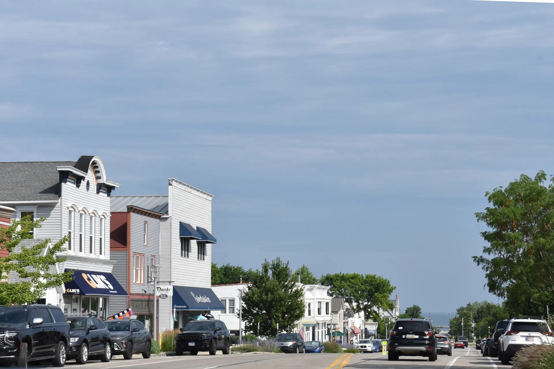 Downtown storefronts in New Buffalo, Michigan.