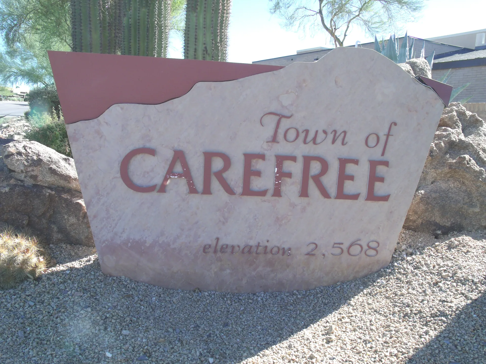 Welcome to the town of Carefree Marker . It is located in Cave Creek Rd. in the entrance of the town of Carefree, Arizona.