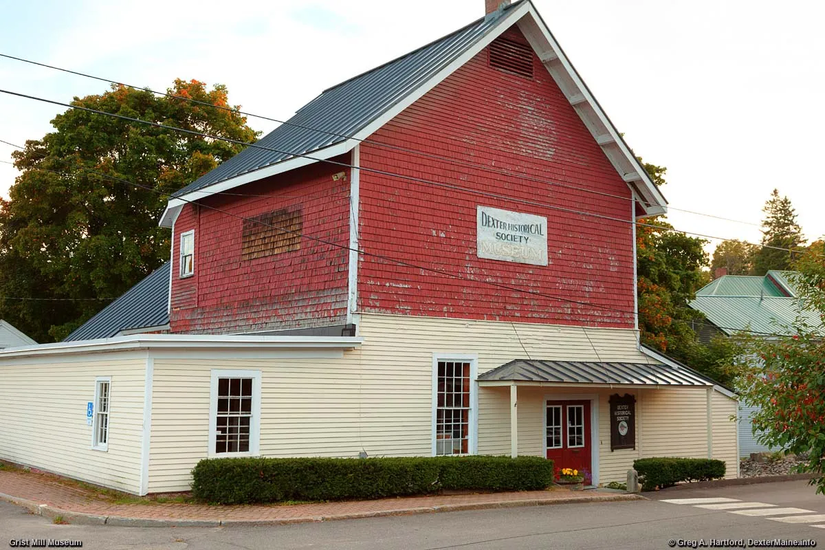 Dexter Historical Society red mill building in Dexter, Maine.
