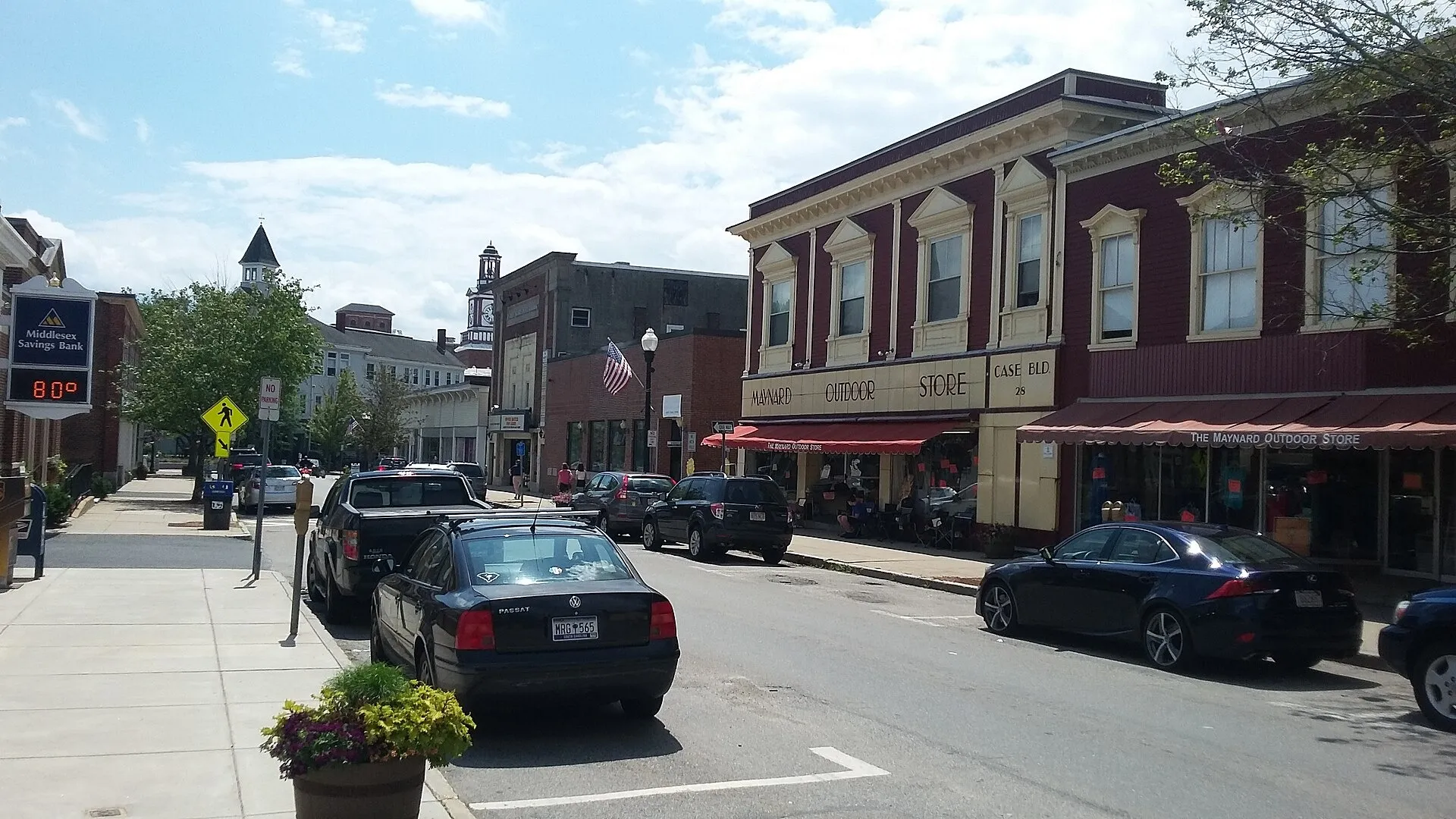Nason Street in downtown Maynard Massachusetts MA USA with the Maynard Outdoor Store. Maynard Town, MA.