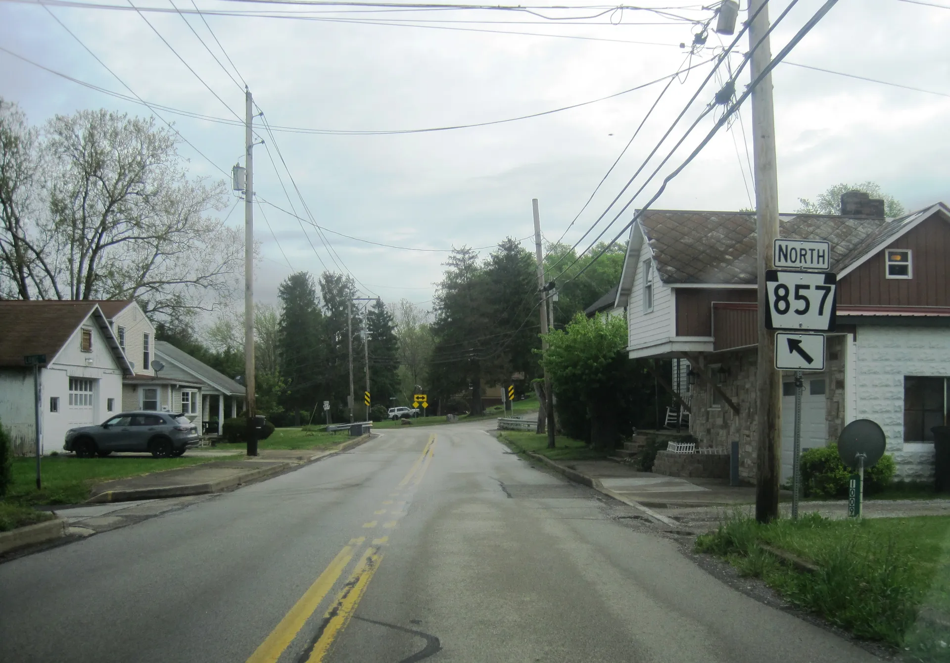South Morgantown Street (Route 857) in Fairchance passes homes and utility poles between Short and Long streets.