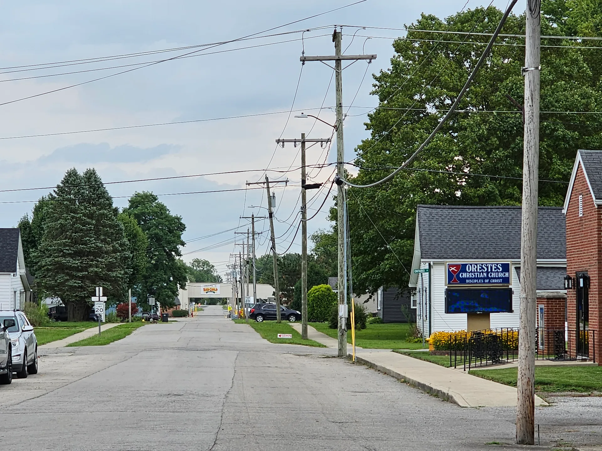 Small-town street in Orestes, Indiana.