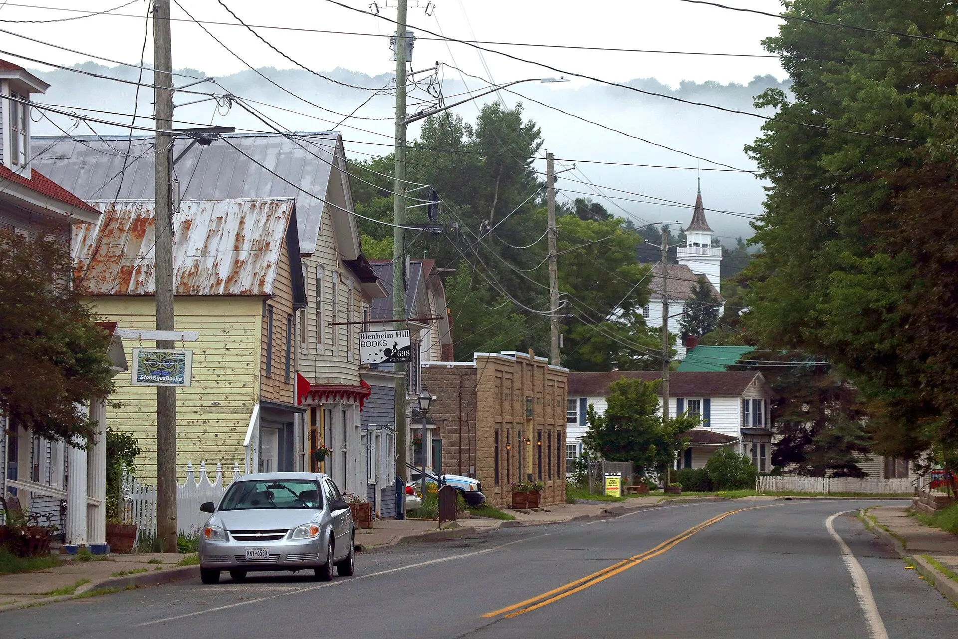 Main Street with homes and a church steeple in Hobart, New York.