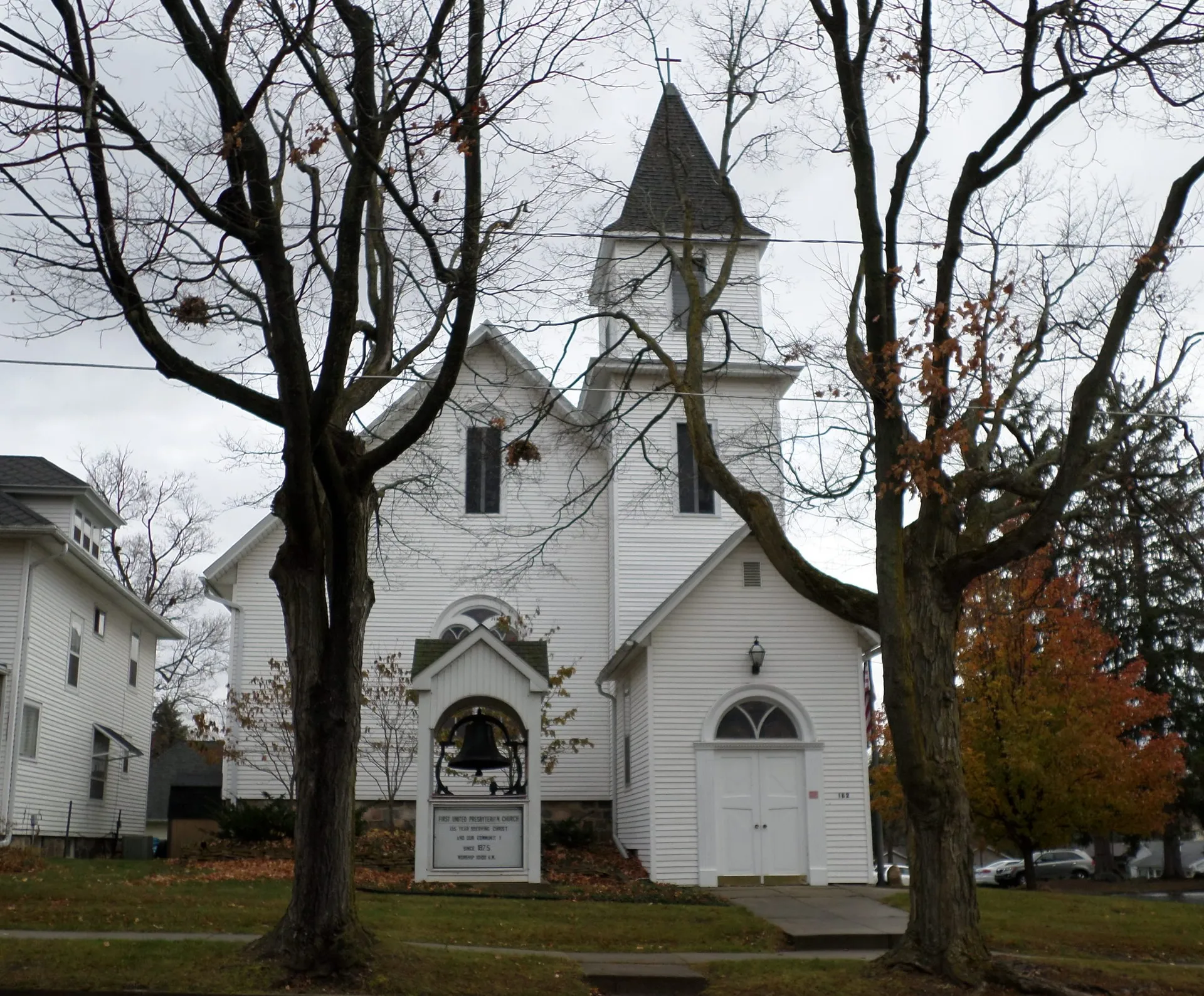 White Dimondale Presbyterian Church in Dimondale, Michigan.