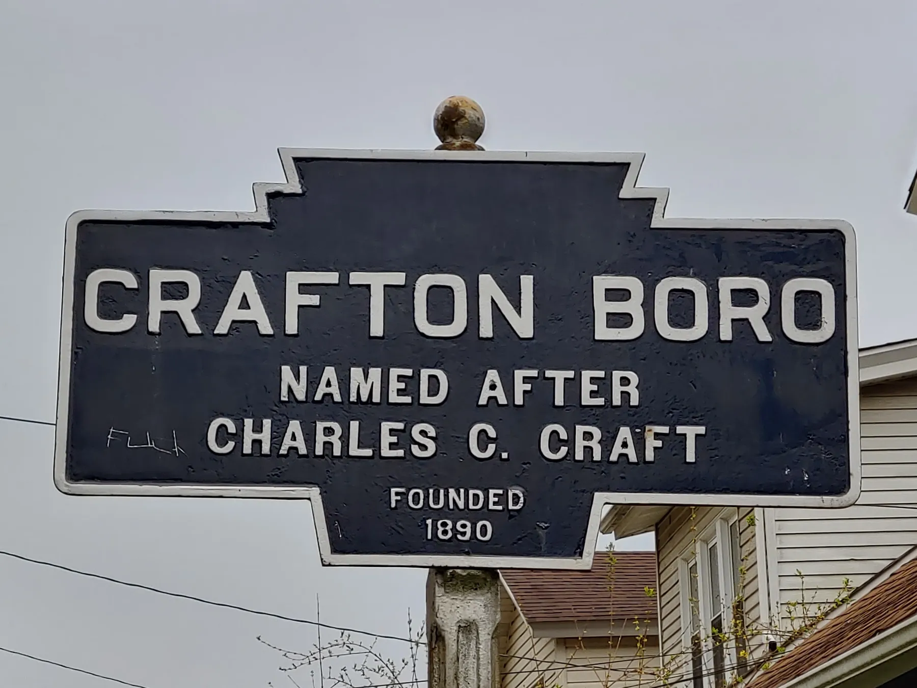 Crafton's blue Keystone Marker notes the borough was named after Charles C. Craft and founded in 1890.
