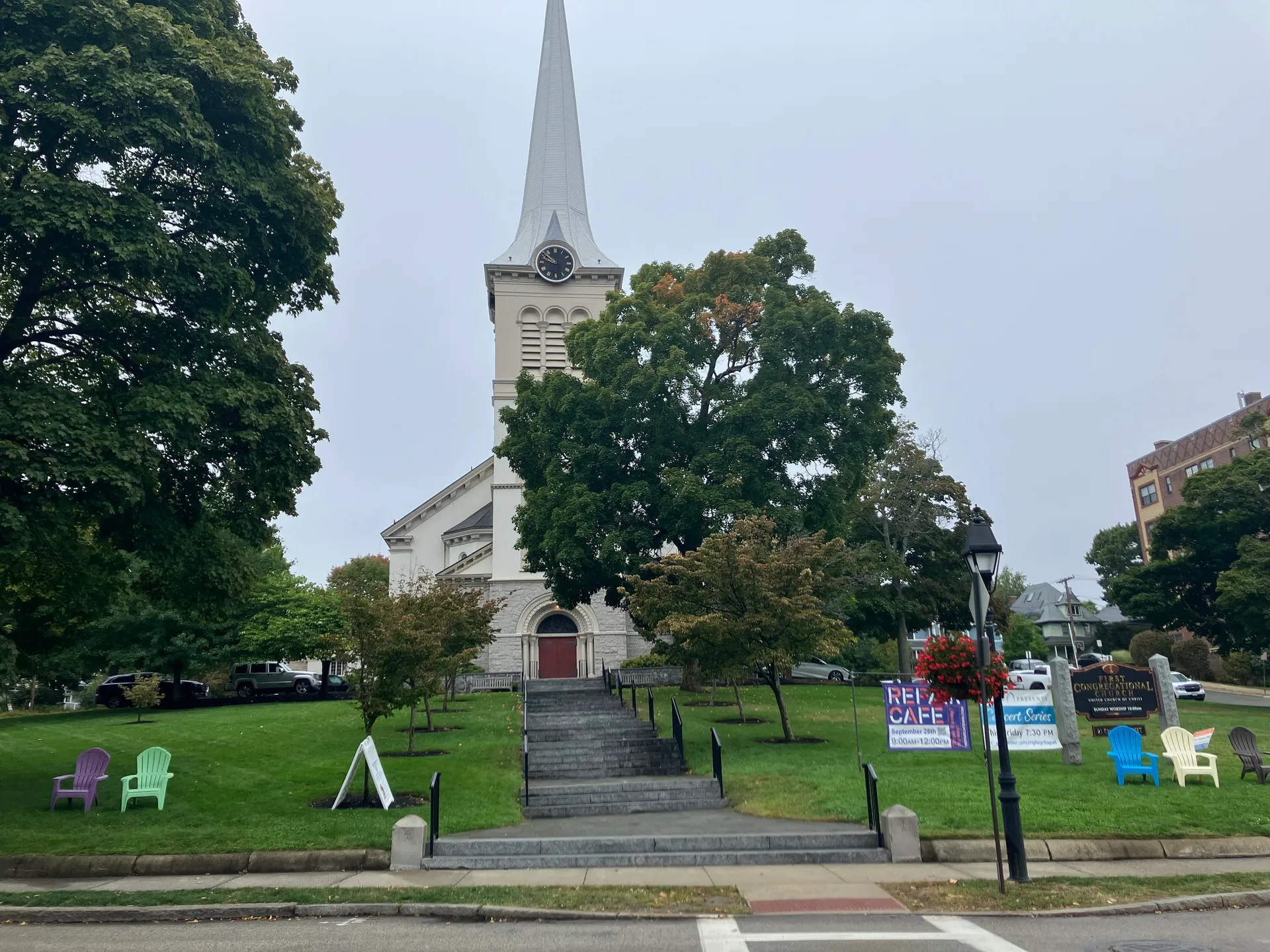 White First Congregational Church steeple above the town green in Winchester, Massachusetts.