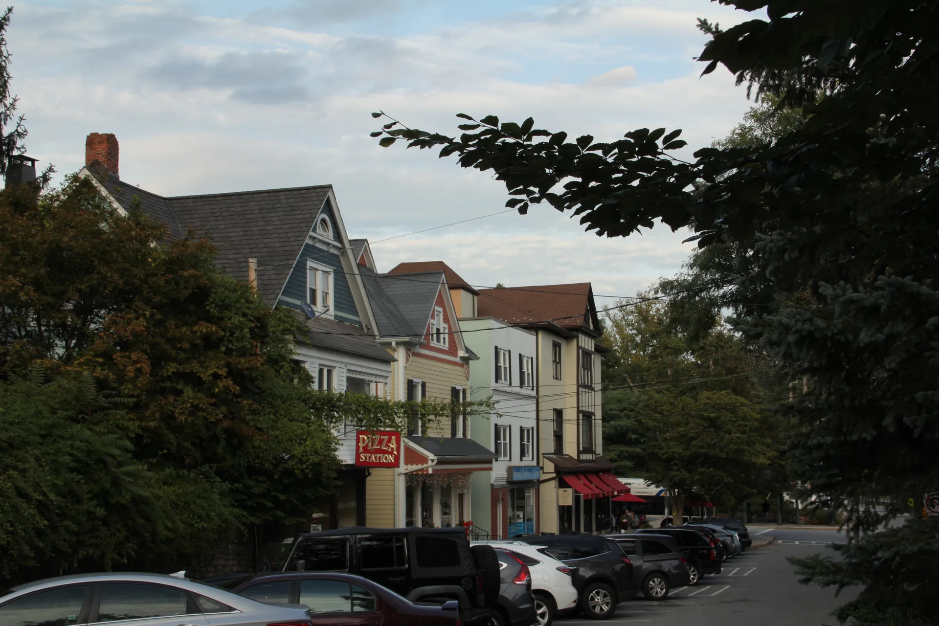 Shops and buildings along a downtown street in Katonah, New York.