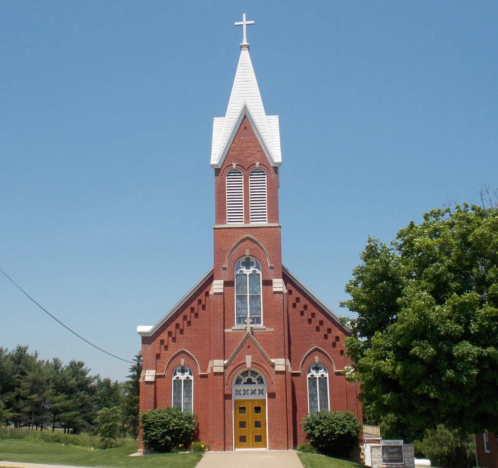 St. Joseph's Church red brick steeple in Rickardsville, Iowa.
