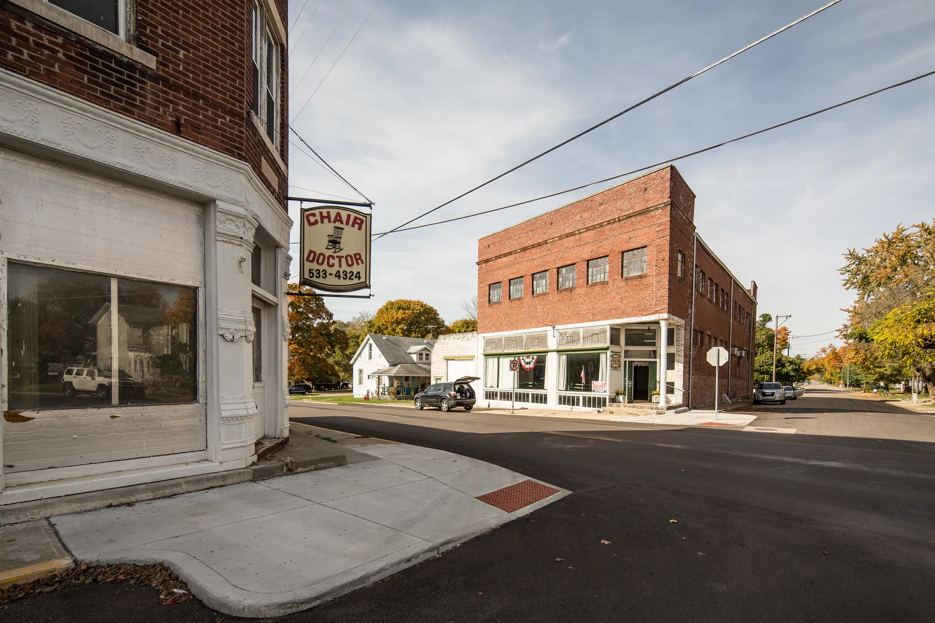 Historic brick buildings in Markleville, Indiana.