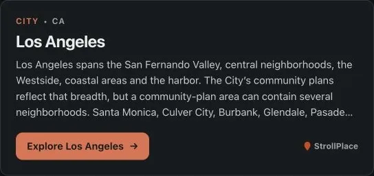The same live Los Angeles city overview card in the StrollPlace widget’s dark style.