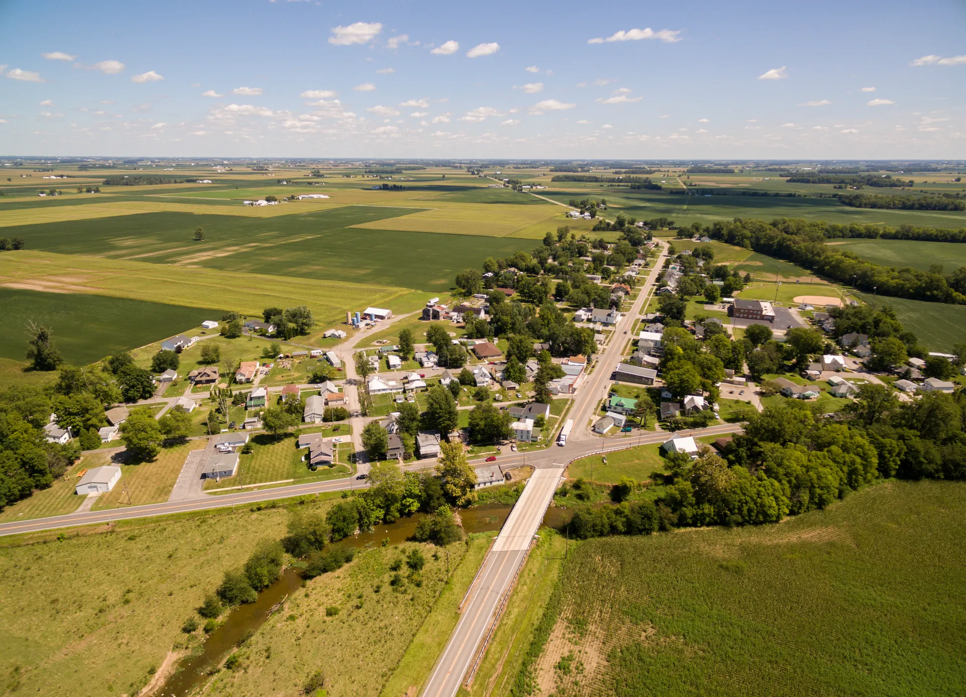 Aerial view of Vaughnsville and surrounding farmland, Ohio.