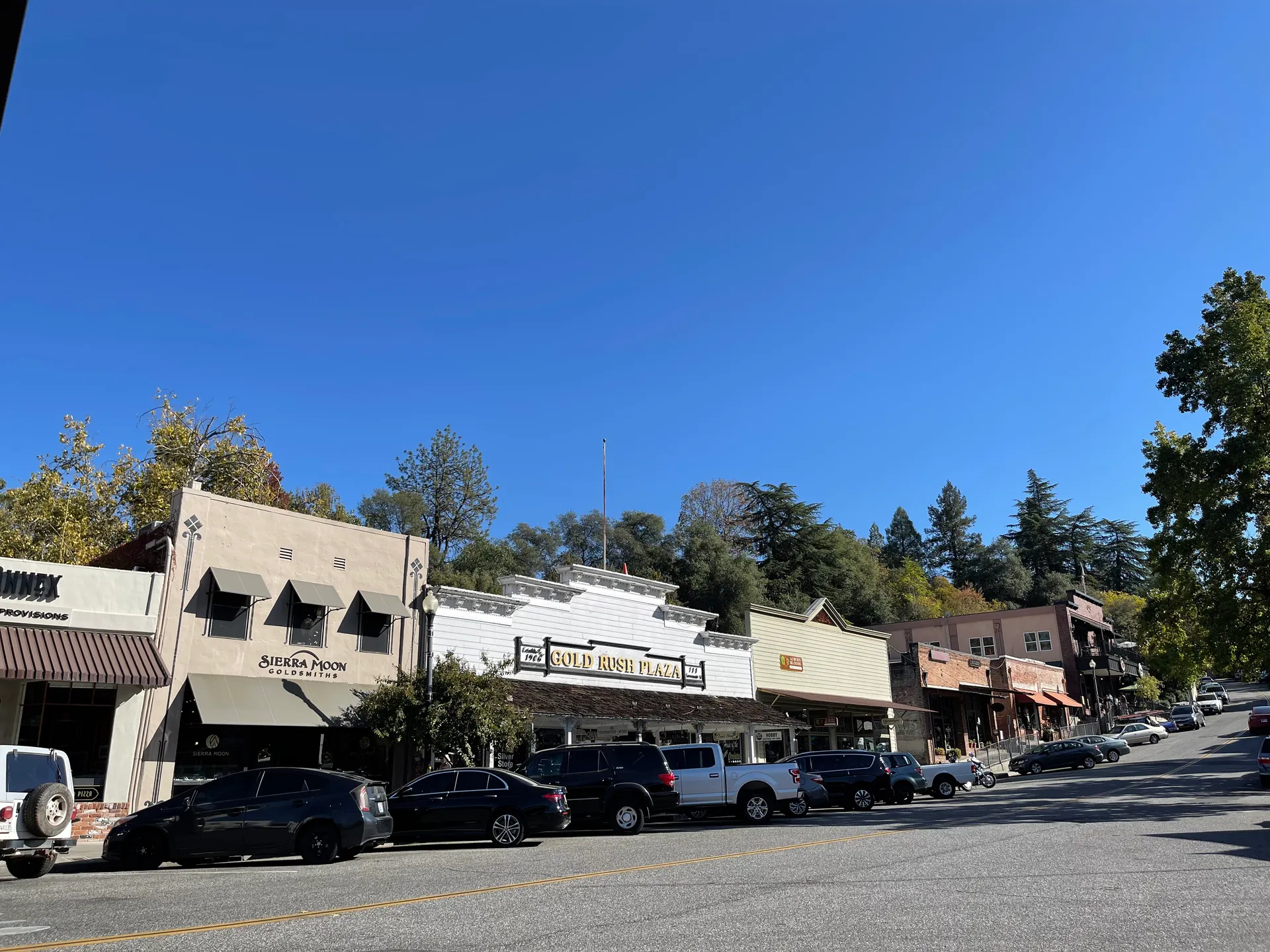 A row of historic storefronts with awnings along a tree-lined street in downtown Auburn.