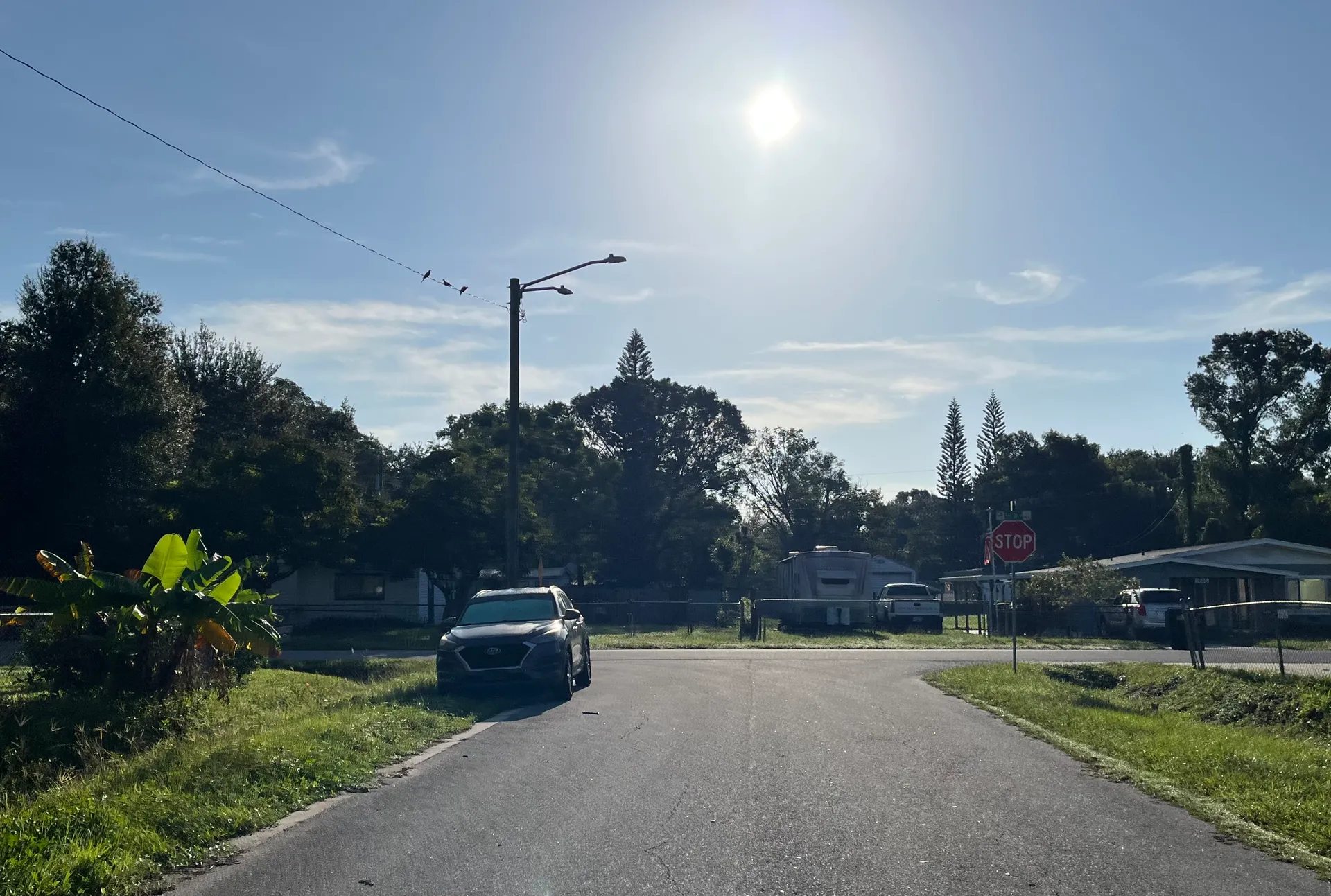 A quiet residential street in Taft on a sunny day, with trees and a parked car.