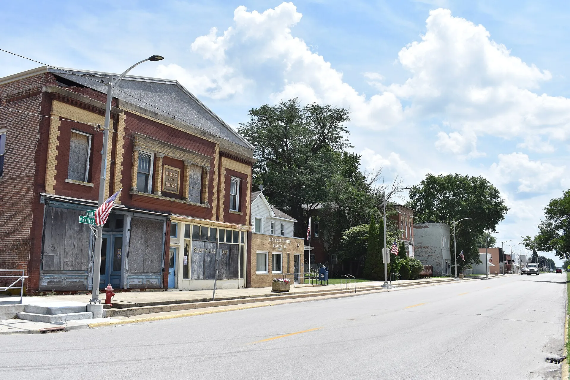 Historic brick building on a street in Buckley, Illinois.