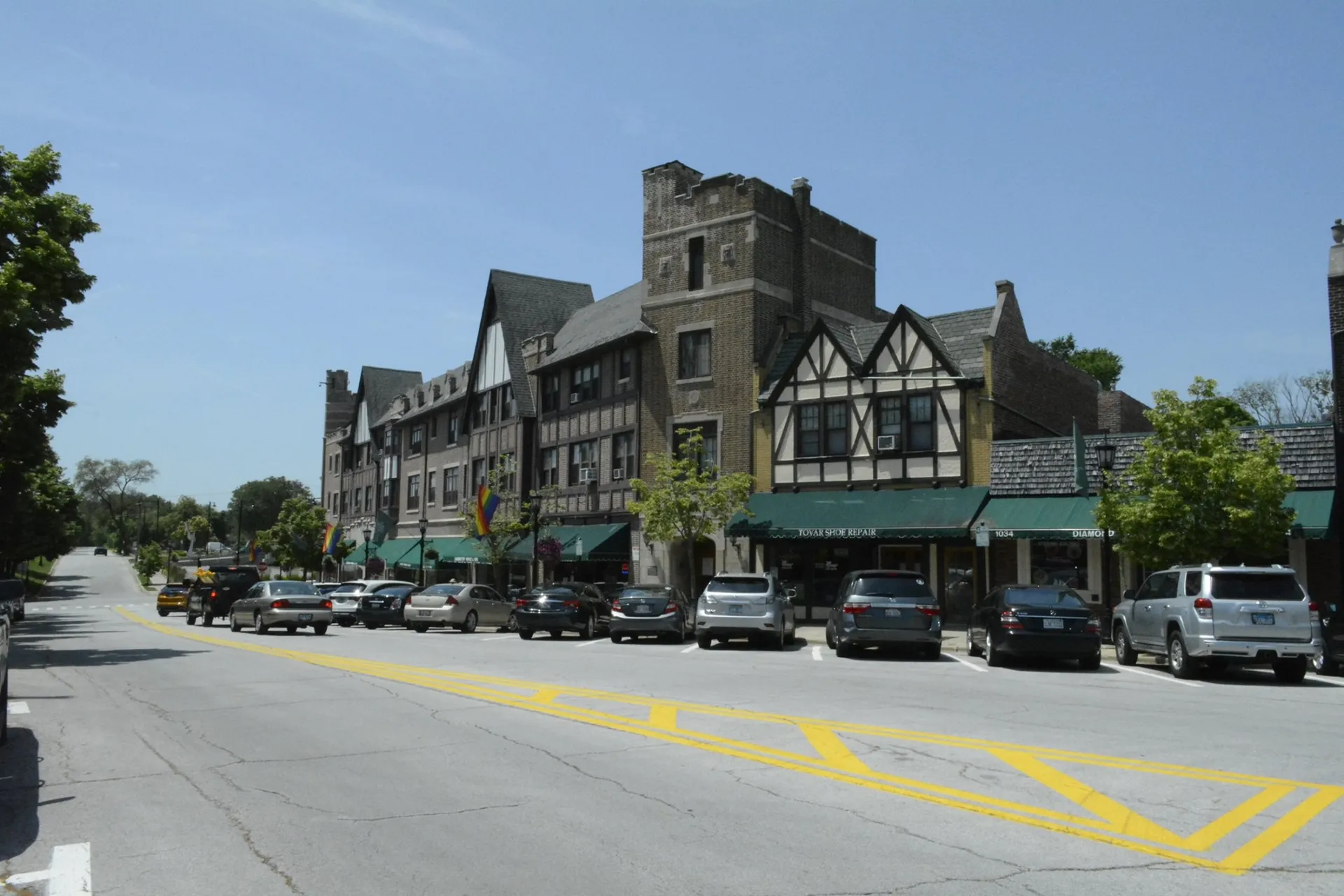 Historic Tudor-style buildings in downtown Flossmoor, Illinois.