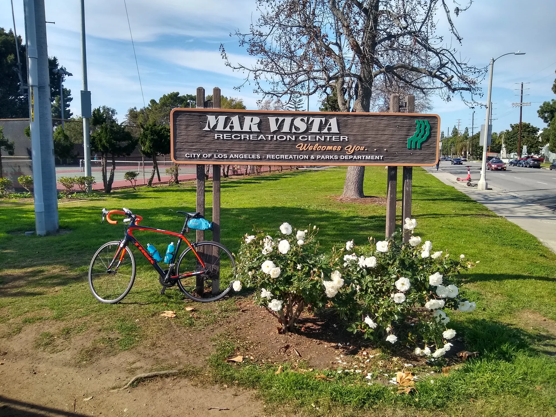 Mar Vista Recreation Center sign at Sawtelle and Palms boulevards, photographed in February 2020