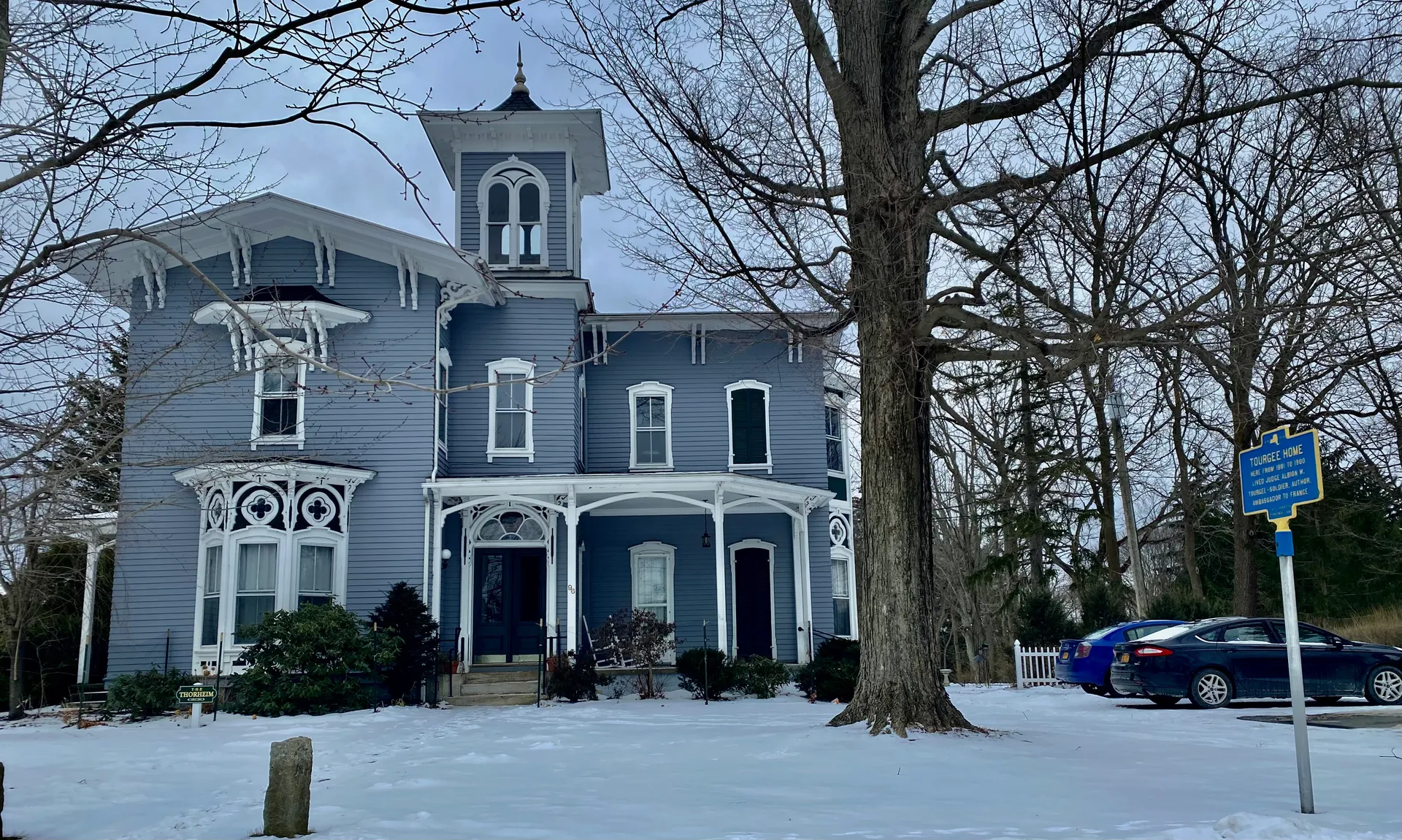 Historic Victorian Albion W. Tourgée House in the snow in Mayville, New York.