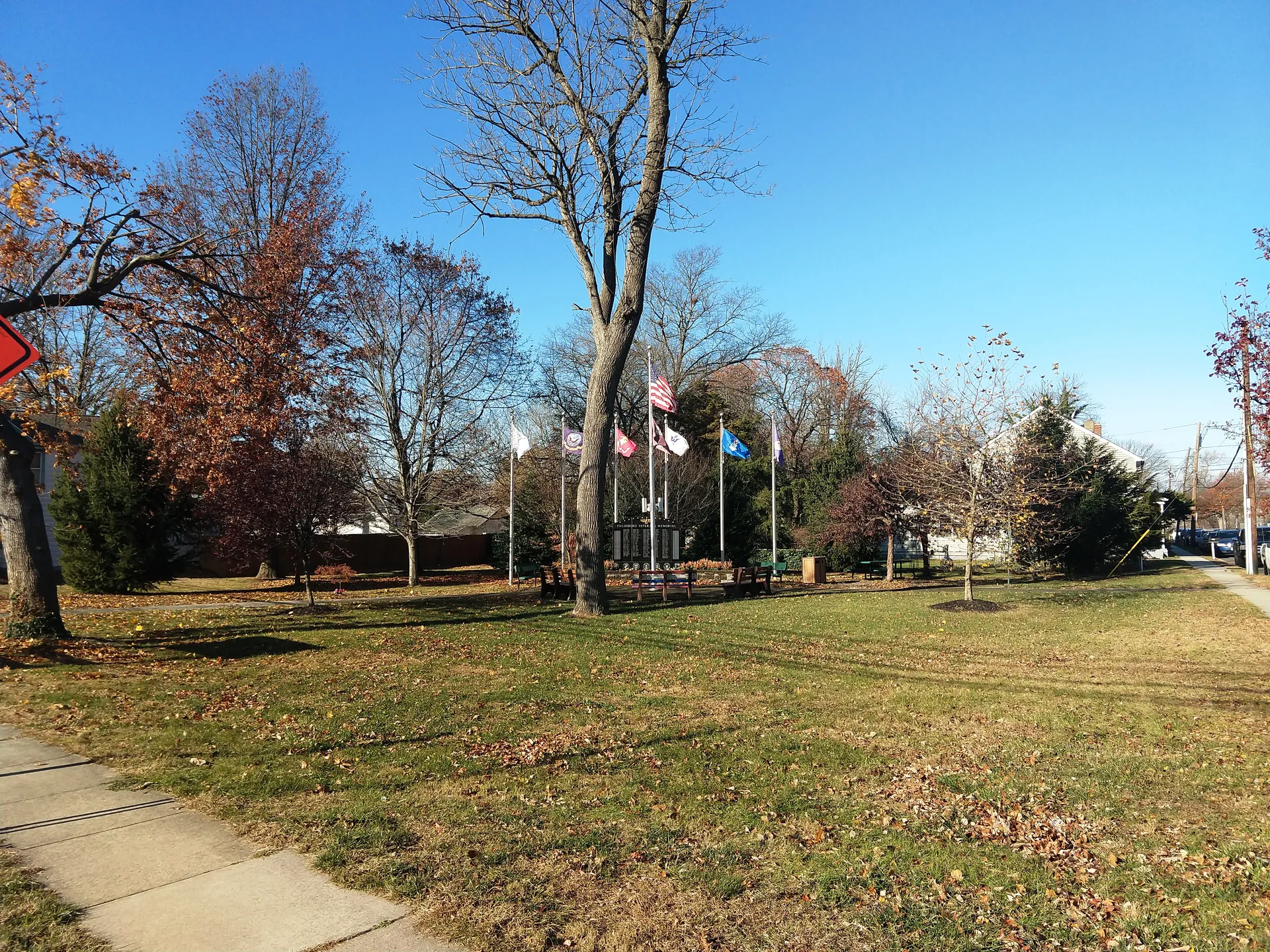Fieldsboro Veterans Memorial is a small grassy park with flags and a monument, shaded by tall bare trees in late autumn.