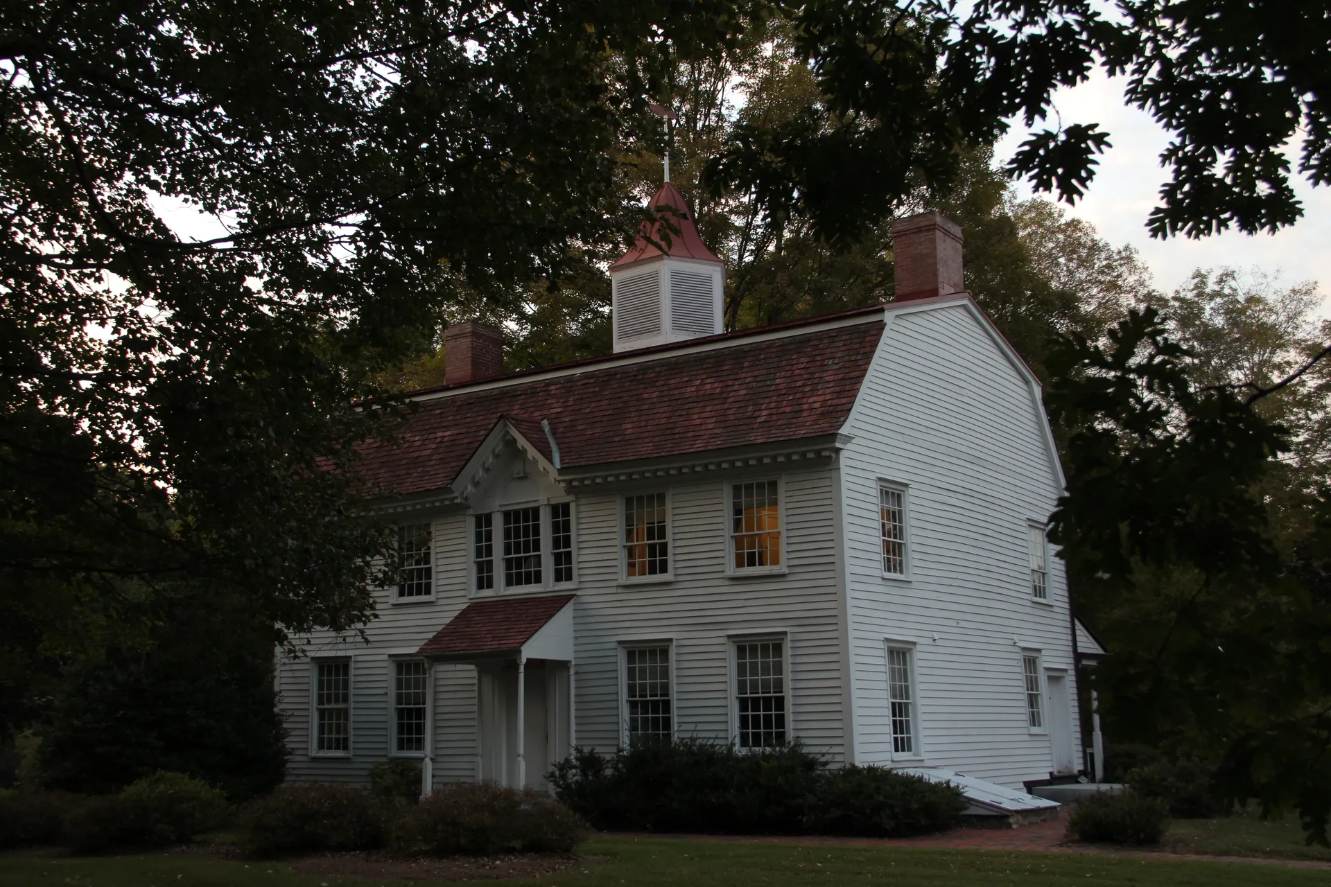 Historic white North Salem Town Hall with a cupola in North Salem, New York.