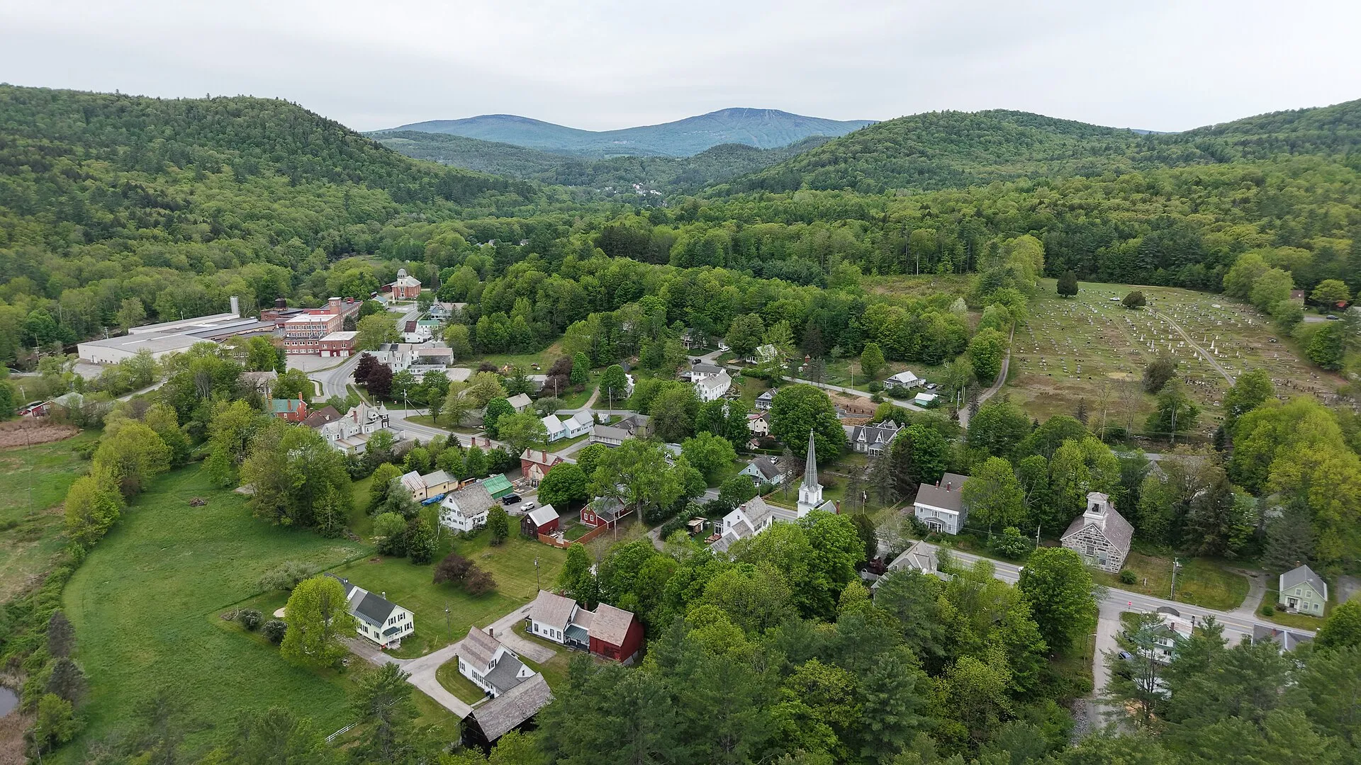 Aerial view of Cavendish and the Green Mountains, Vermont.