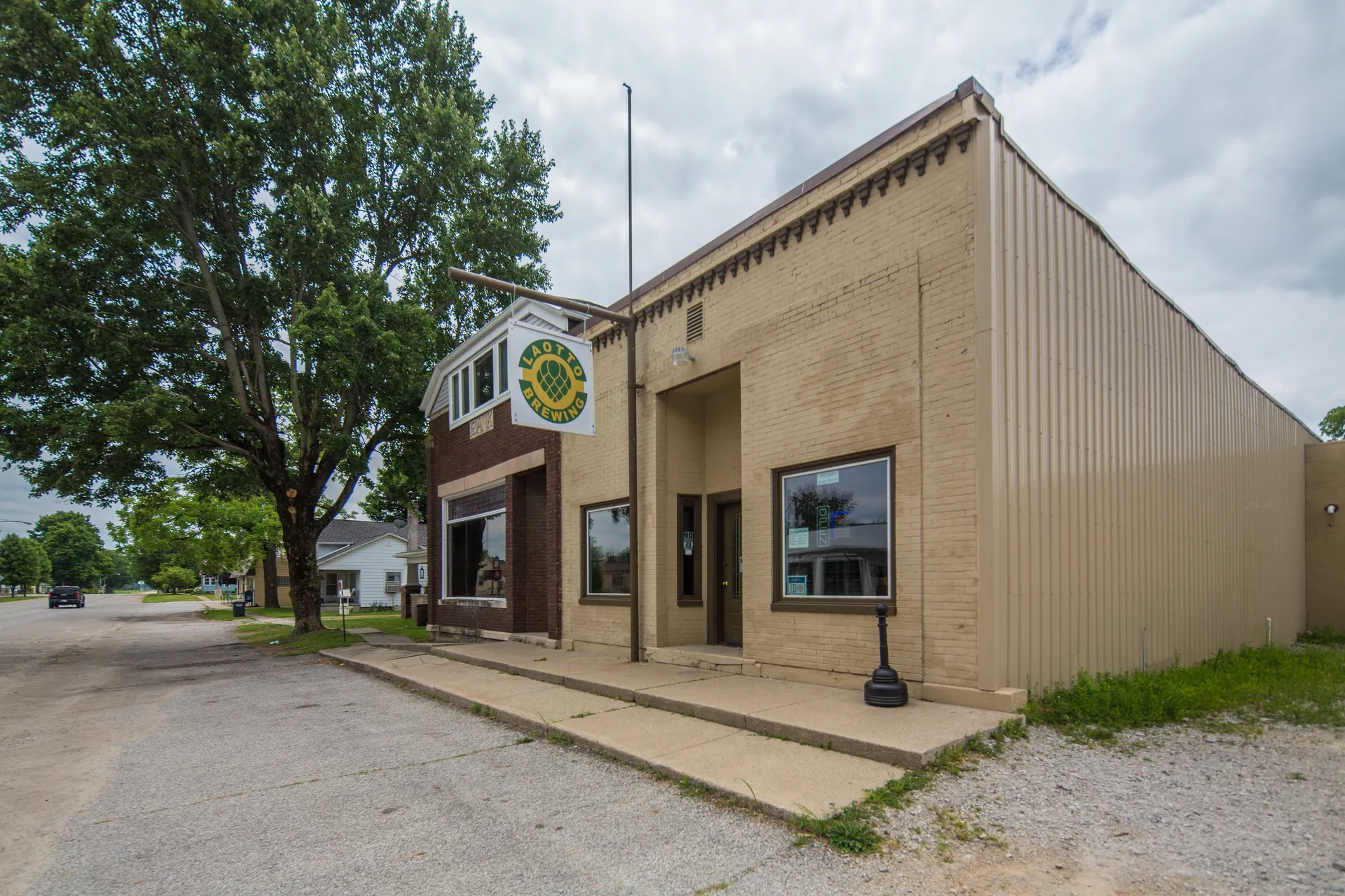 Small-town street and buildings in Laotto, Indiana.