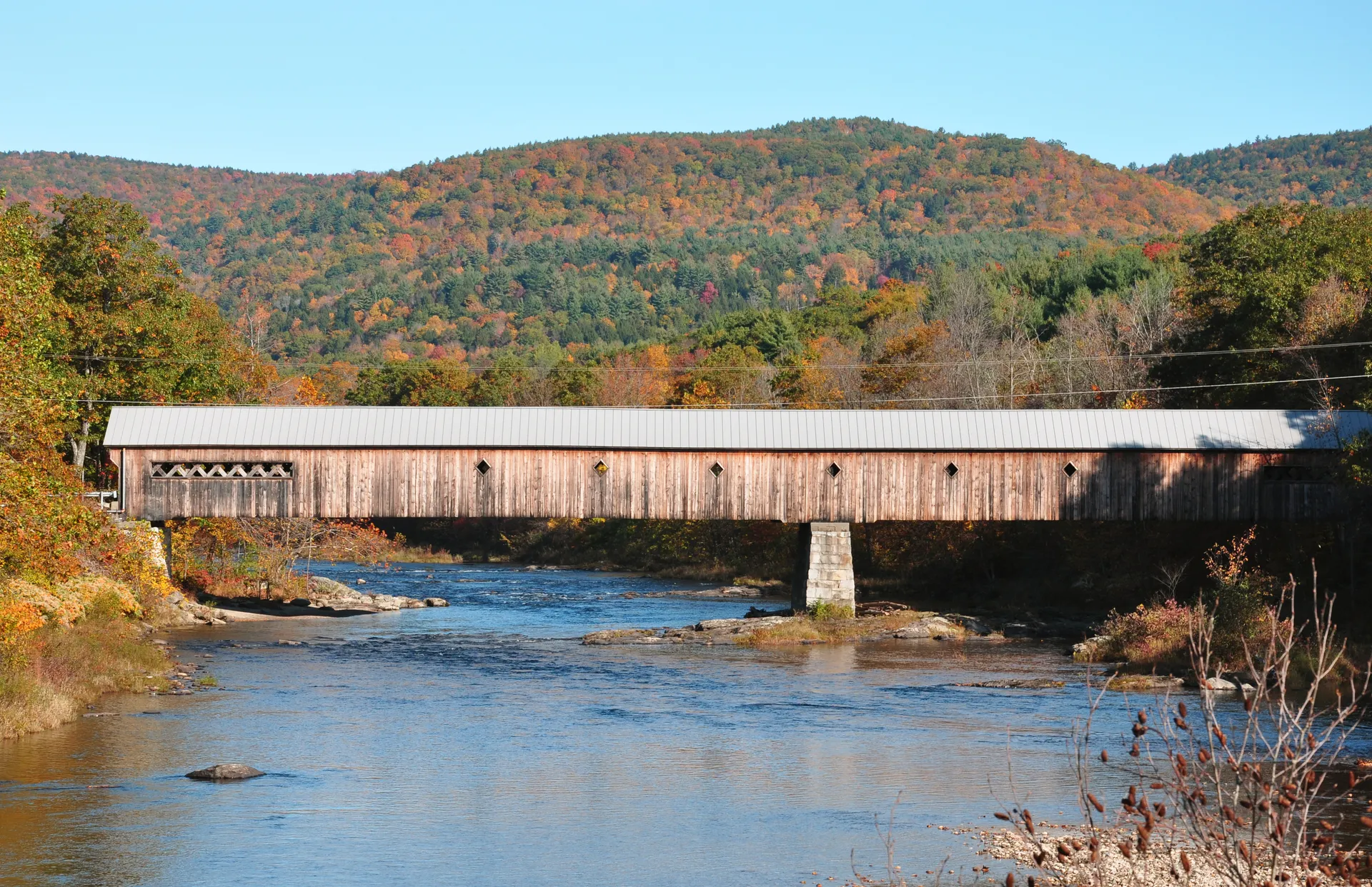 Covered bridge over the West River in West Dummerston, Vermont.