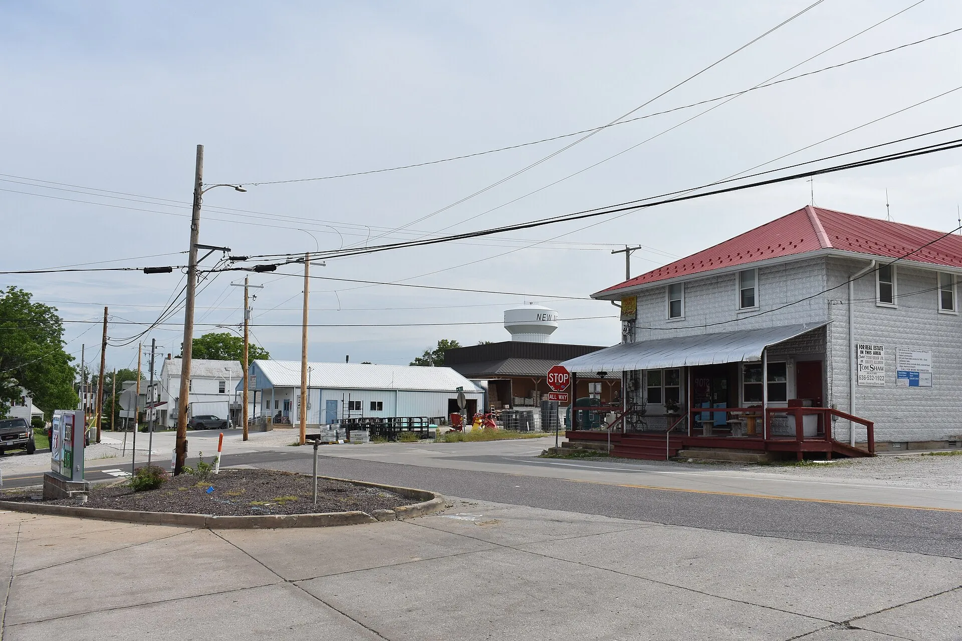 Small-town street corner in New Melle, Missouri.