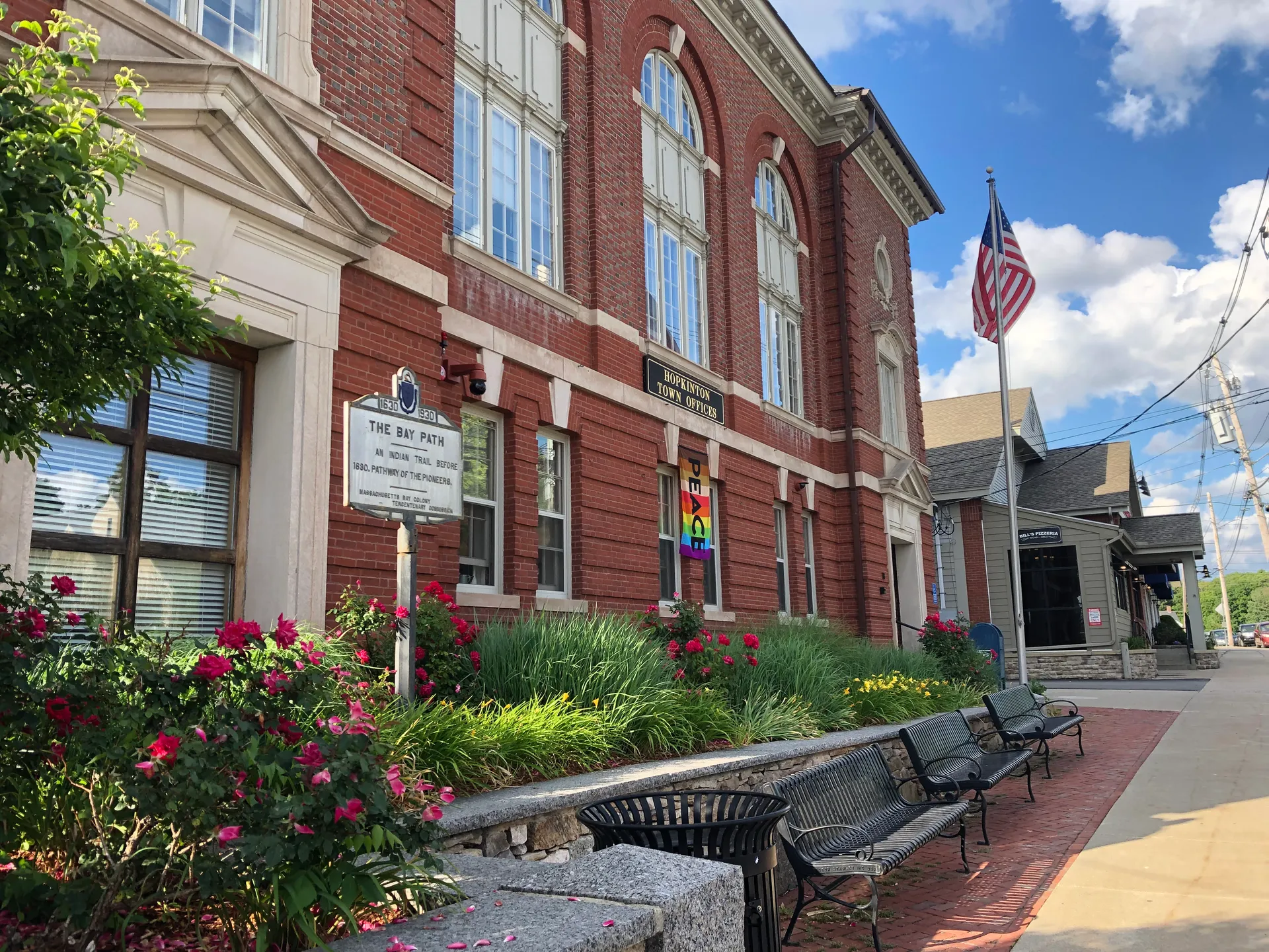 Historic brick Hopkinton Town Hall in Hopkinton, Massachusetts.