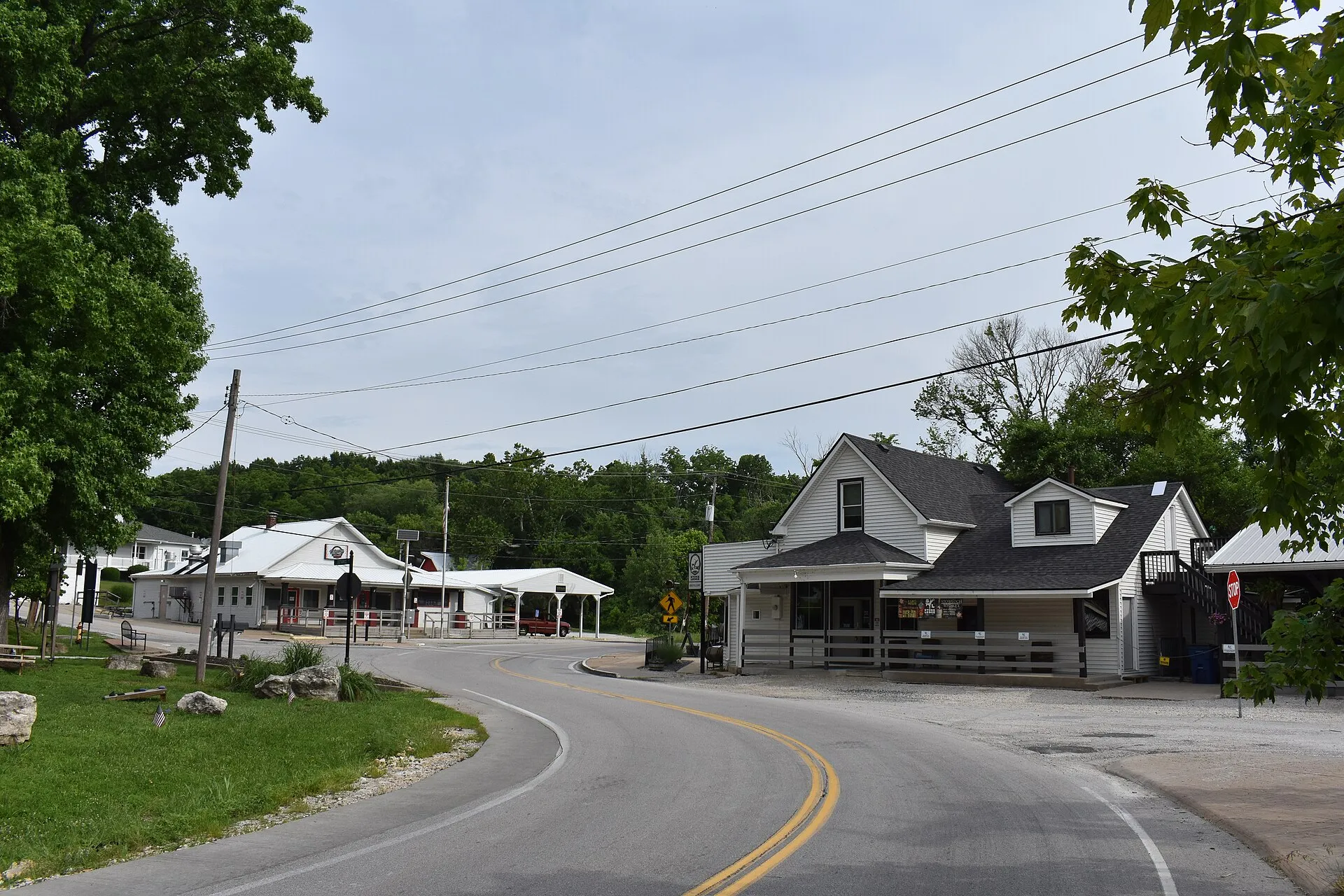 Small-town road and homes in Defiance, Missouri.