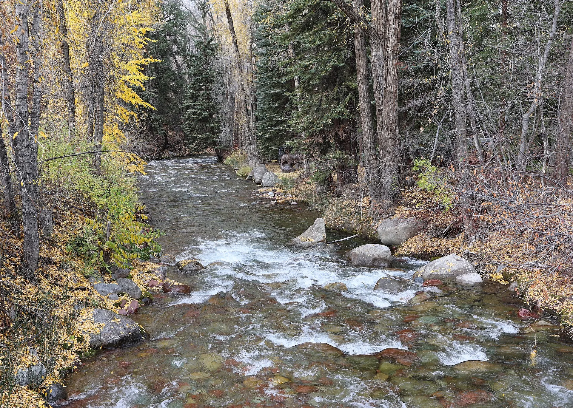 Castle Creek in Aspen, seen downstream from the Power Plant Road bridge.
