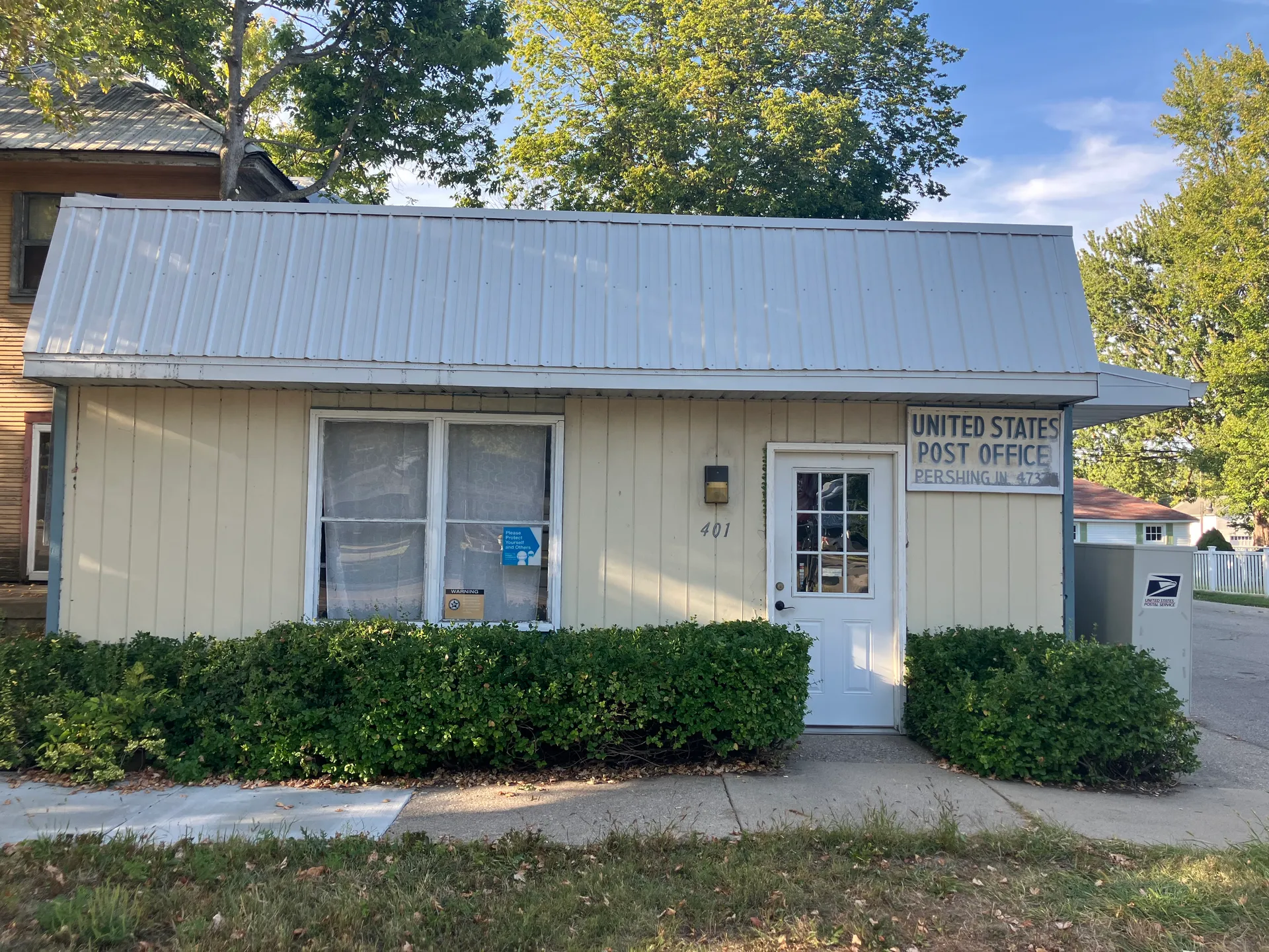 Small post office building in Pershing (East Germantown), Indiana.