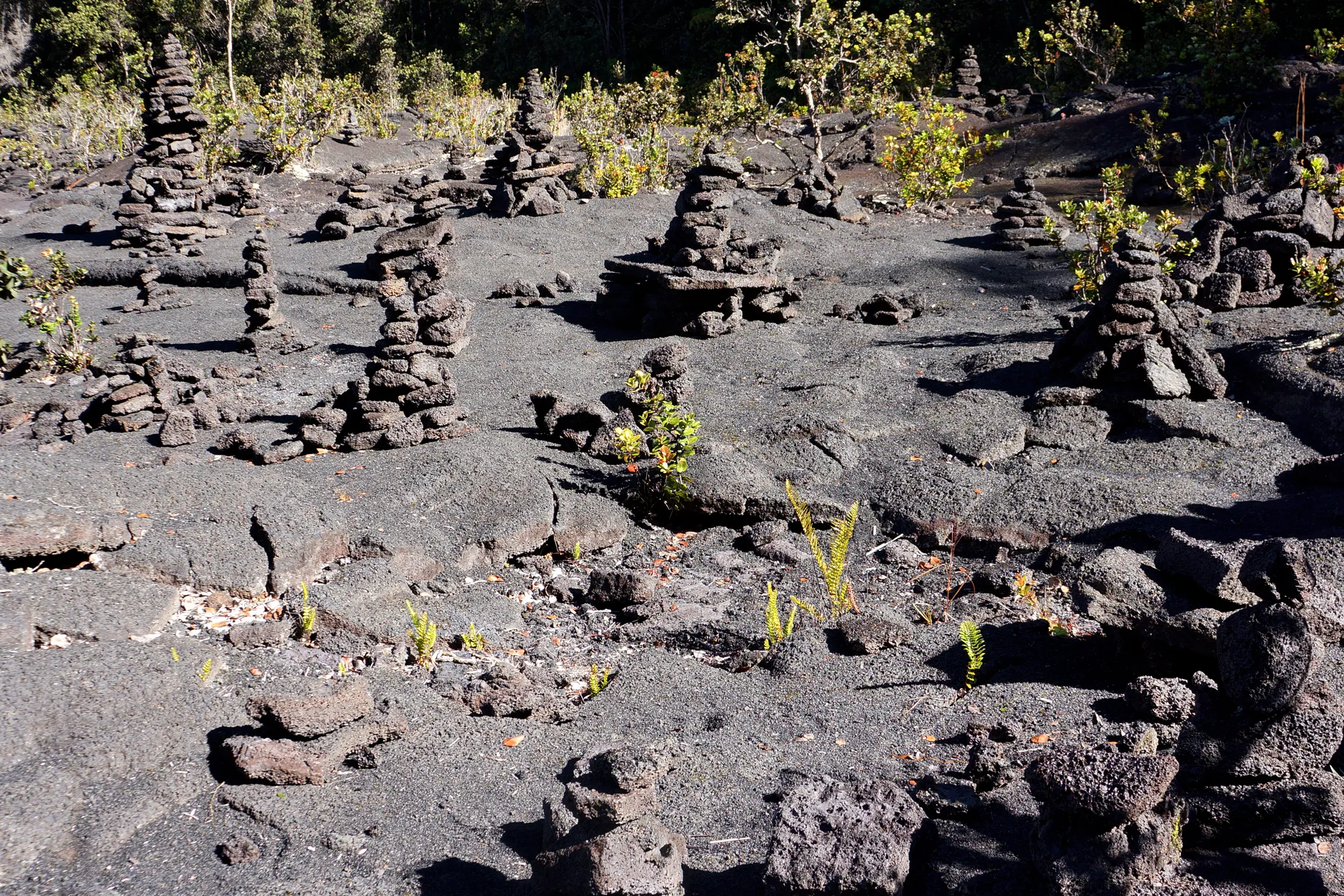 Lava rock cairns on the floor of Kilauea Iki crater near Volcano, Hawaii.