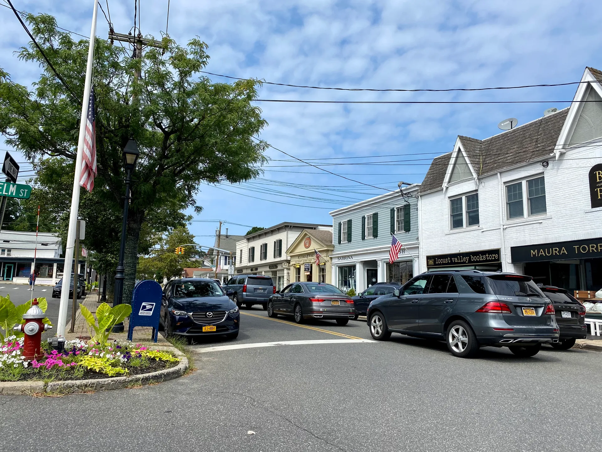 Shops along a downtown street in Locust Valley, New York.