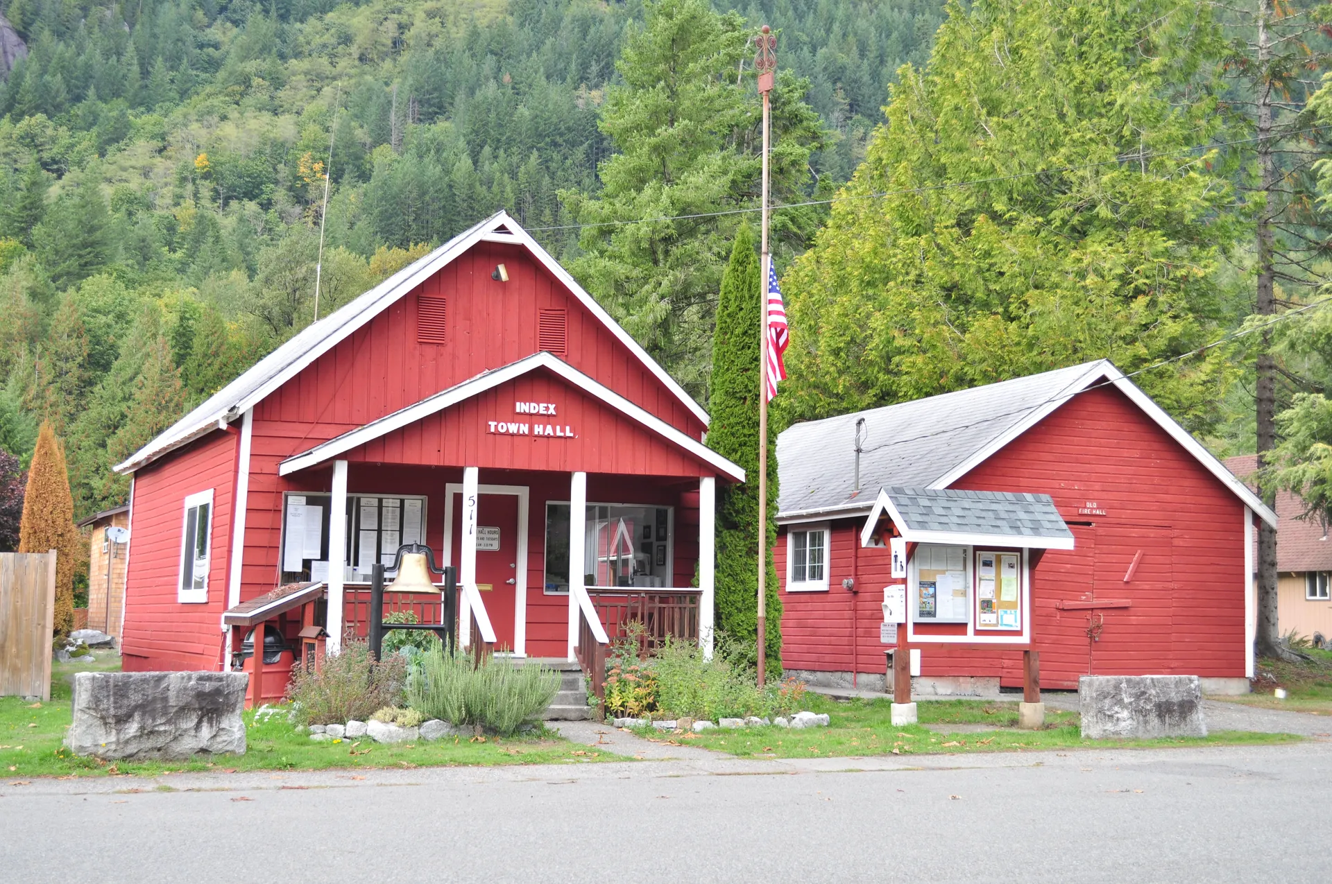 Historic red town hall building in Index, Washington.