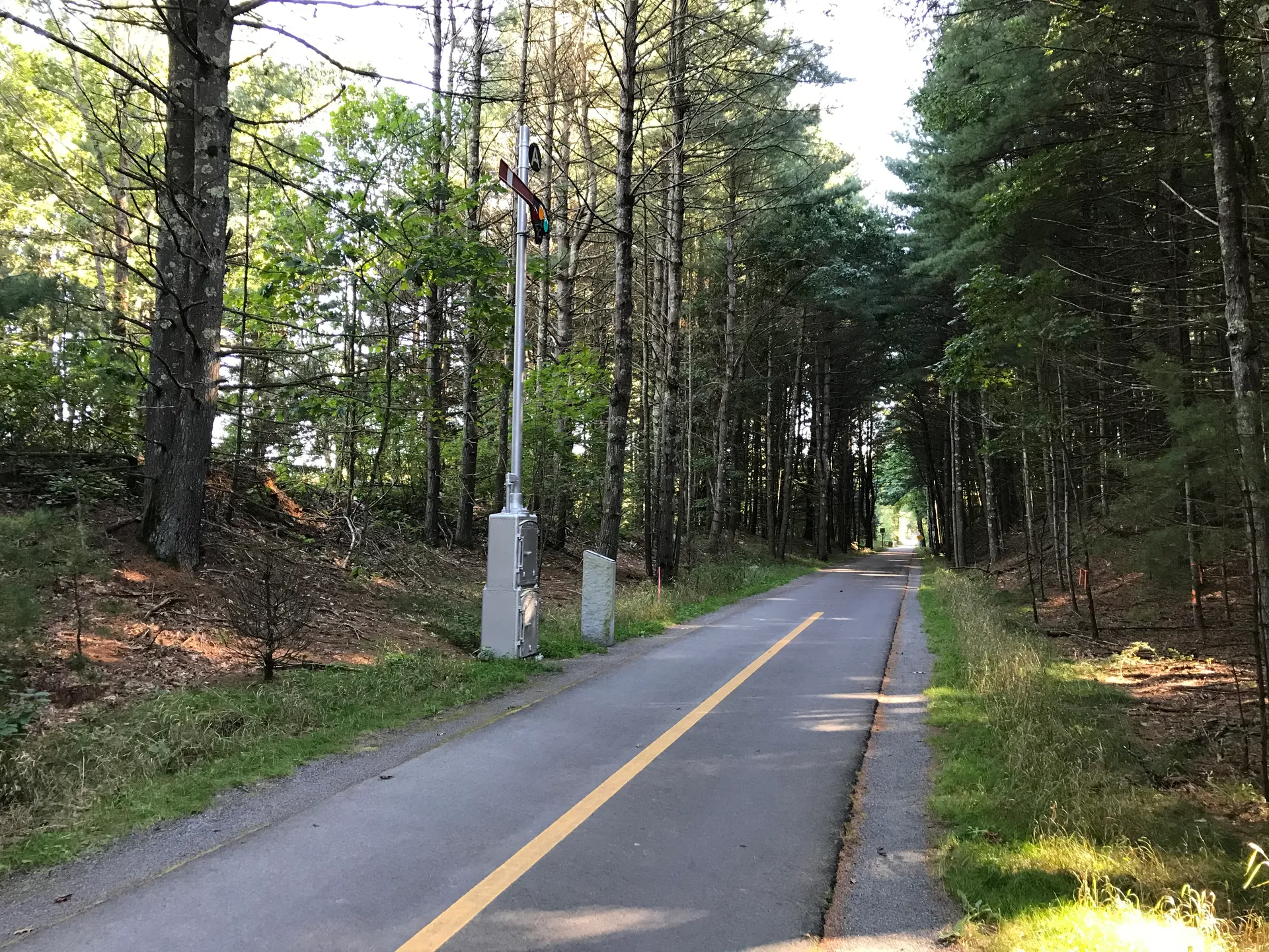 Bruce Freeman Rail Trail through the woods in West Concord, Massachusetts.