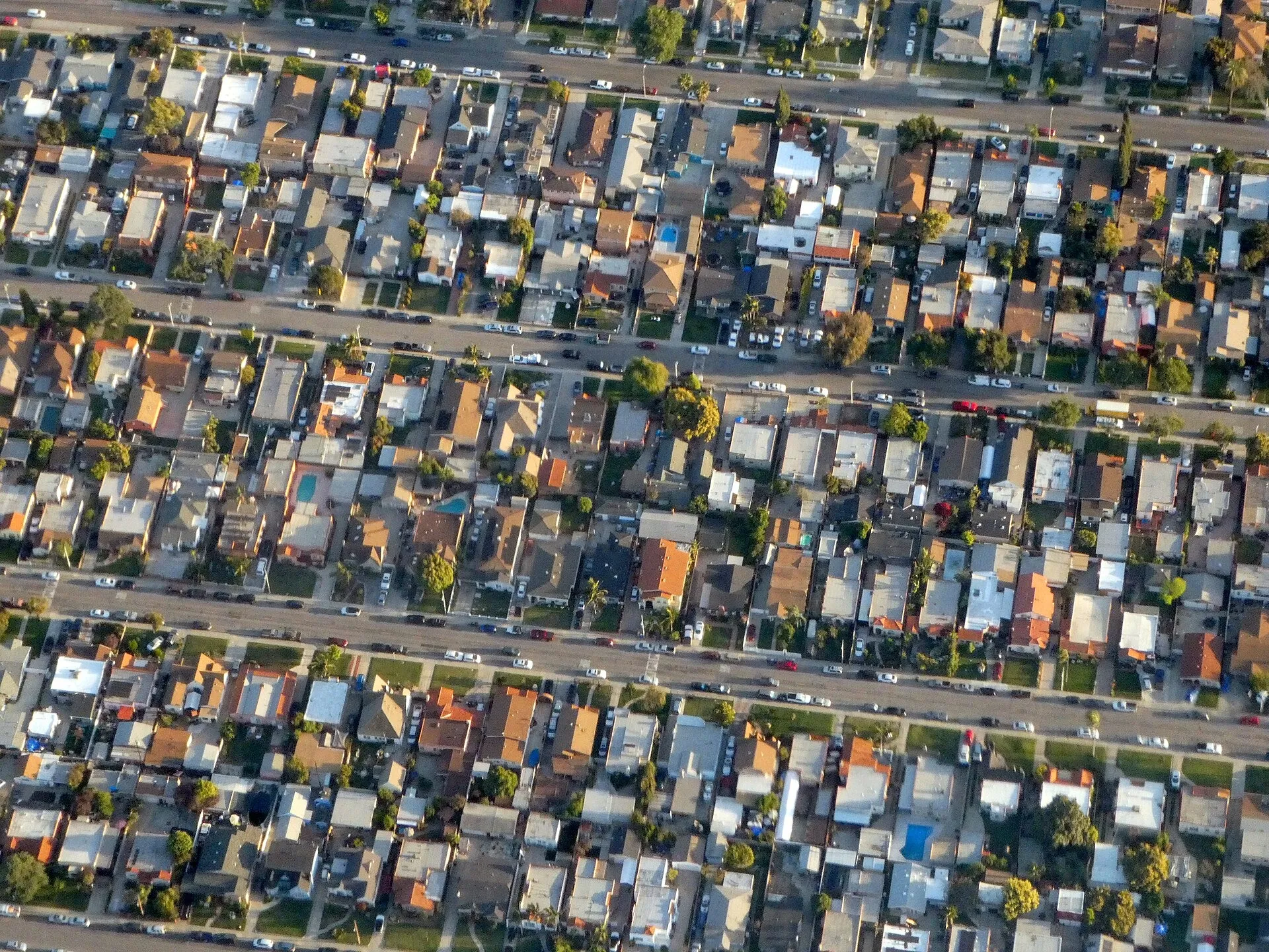 Aerial view of houses in Walnut Park, Los Angeles, April 2024. Walnut Park, CA.