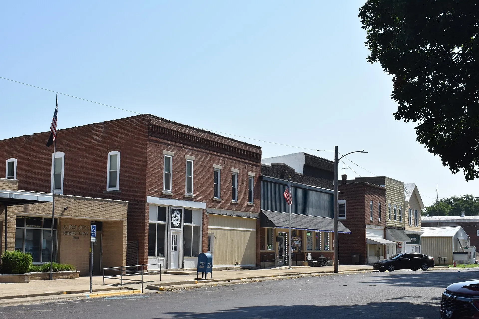 Historic brick buildings on the main street of Divernon, Illinois.