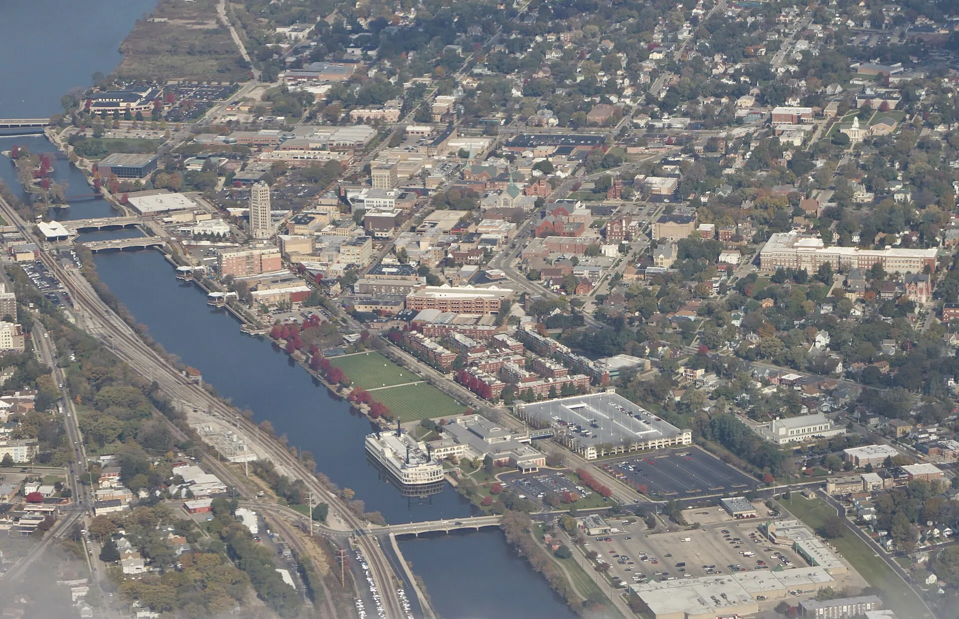 Downtown Elgin and the Fox River, photographed from the air in 2018.