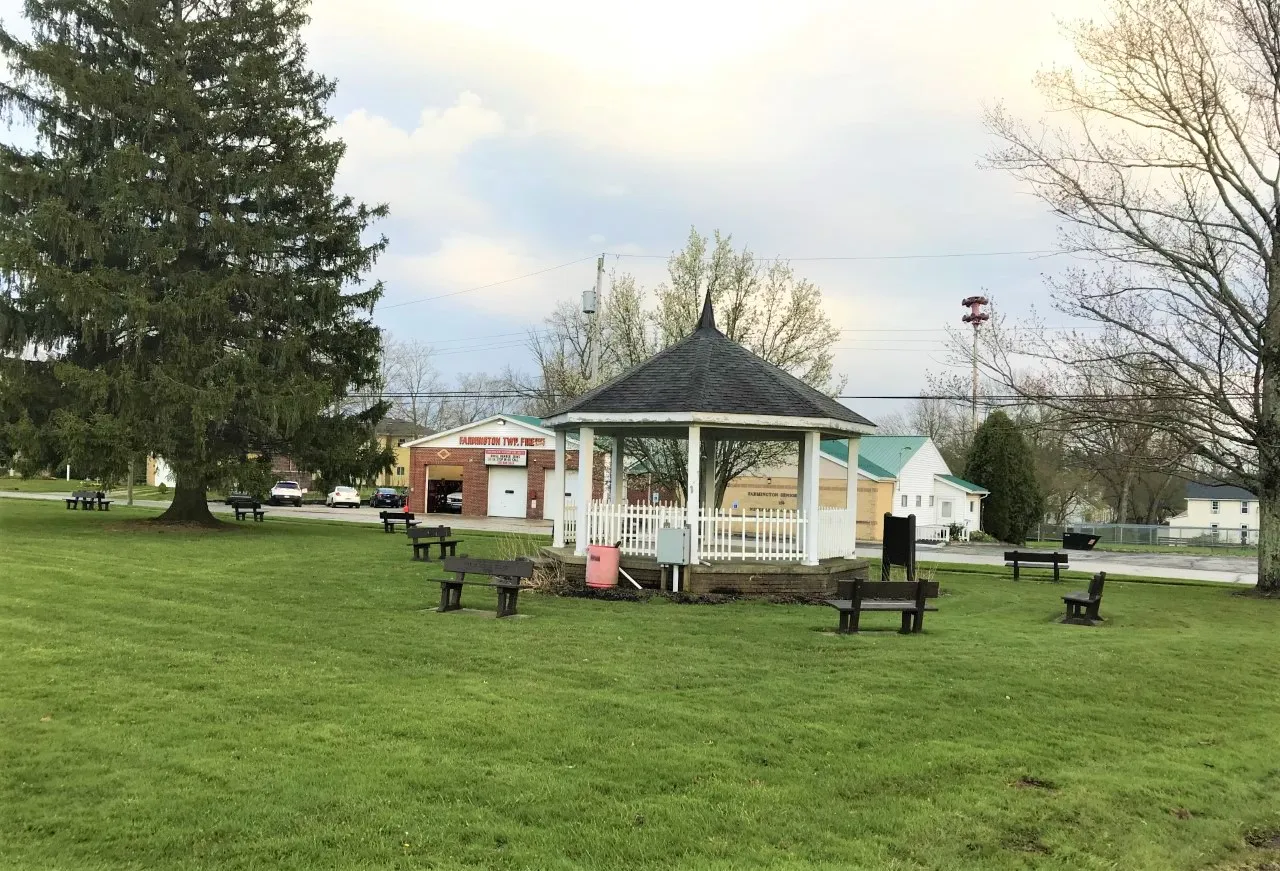 Village park with gazebo in West Farmington, Ohio.